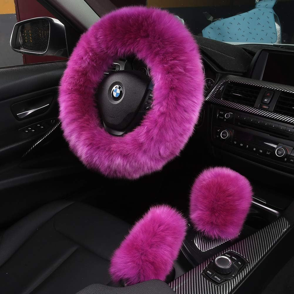 3Pcs Set Fashion Fluffy Fuzzy Wool Fur Soft Steering Wheel Cover with Handbrake Cover & Gear Shift Cover for Women/Girls/Ladies Car Decoration Long Wool Accessories (Black1)