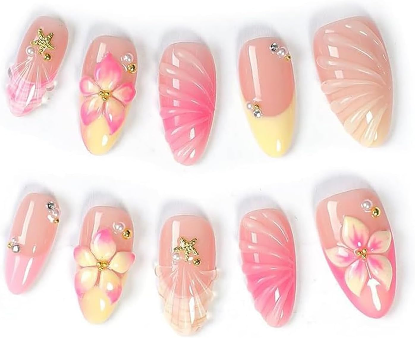 Xlihdzum French Tip Press on Nails Medium Almond - 3D Hawaii Hibiscus Flower Acrylic Fake Nails with Gold Shell Starfish Design | Glossy Glue on Nails for Women - Elegant and Durable Fake Nails image number 2