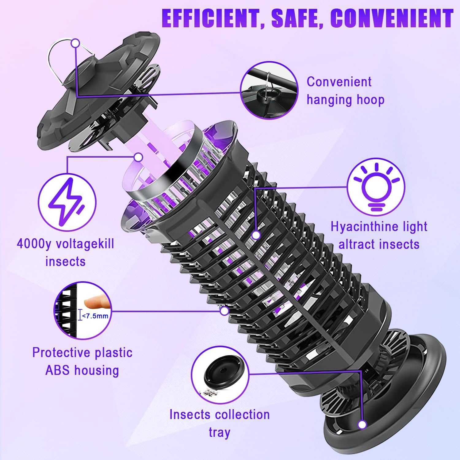 4200V Electric Mosquito Zapper, Yakiter Mosquito Killer, Waterproof Fly Zapper Bug Zapper, Mosquito Zapper Standing or Hanging Outdoor/Indoor, Mosquito Killer for Home, Insect Fly Zapper (Black) image number 5