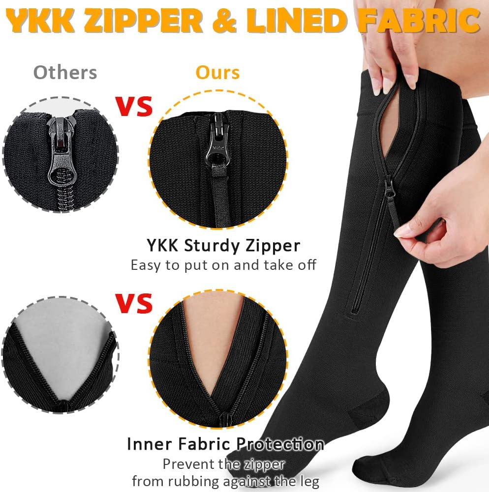 CASMON 15-20Mmhg Zipper Compression Socks for Women and Men, Knee High Compression Stockings, Medical Closed Toe Support Socks for Varicose Veins, Post-Surgery, Swelling, Nurses, Pregnancy (1 Pair) image number 4