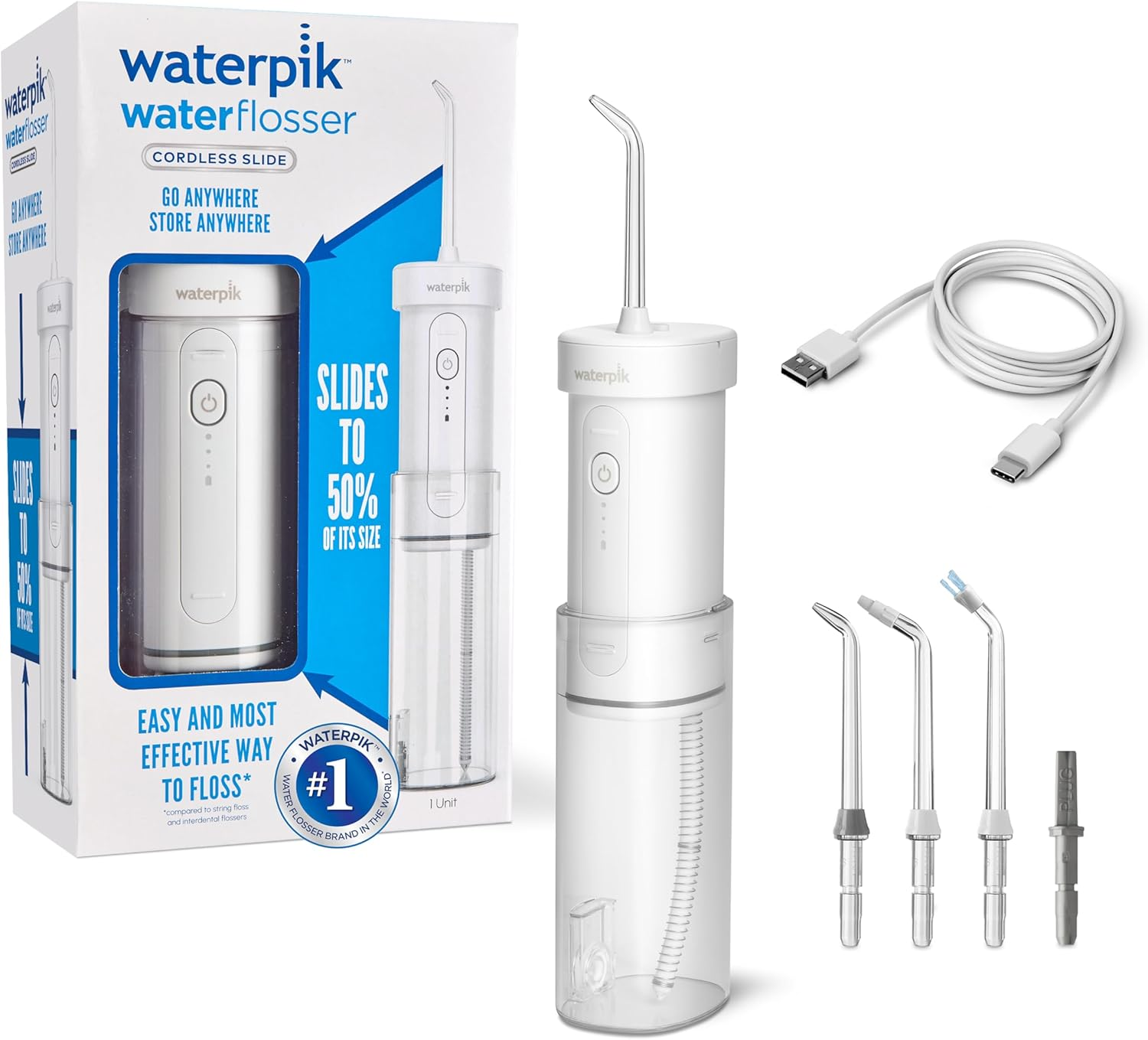 Waterpik Cordless Slide Professional, Portable Water Flosser - Collapsible & Space-Saving, Rechargeable USB-C, 3 Pressure Settings, Shower Safe, 4 Flosser Tips, 2-Year Warranty - White (WF-16) image number 4
