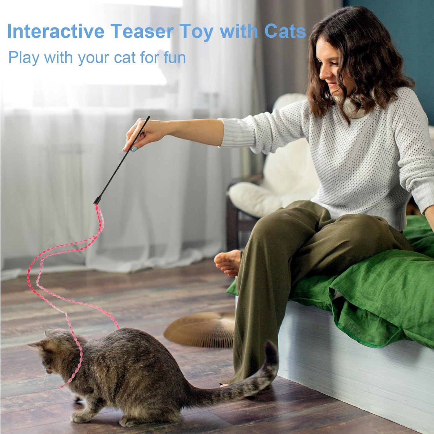 Amaxiu Cat Rainbow Wand Toys, 3Pcs Interactive Cat Teaser Wand String Toys for Indoor Gradient Color Ribbon Charmer for Kittens Exerciser Playing Teaser Training Catcher(Style A) image number 2