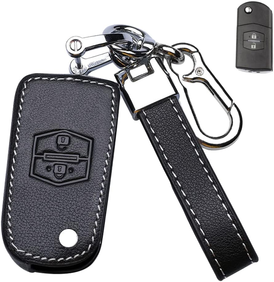 Ontto Leather Car Key Fob Cover Fit for Mazda 3, Alexa Keyring for Mazda 3, CX-30, CX-5, CX-9, 3 Sedan 2019 2020 Accessories Key Case Key Holder Keychain Protector 3 Buttons Pink