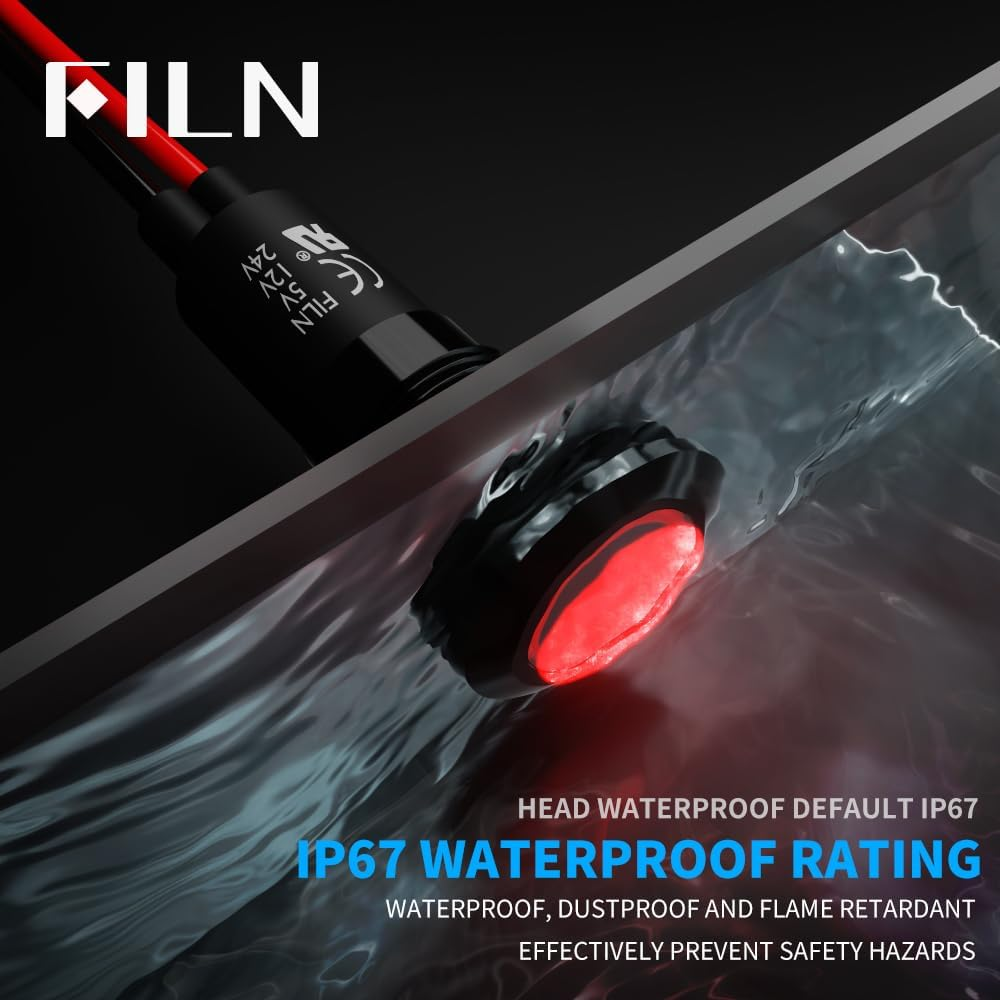 2PCS LED Indicator Lights Includes 180 Replacement Symbols 12V 24V 12Mm Mounting Holes IP67 Waterproof Metal Pilot Lights for Cars Boats Industrial Panels Dashboards(Red LED Light)