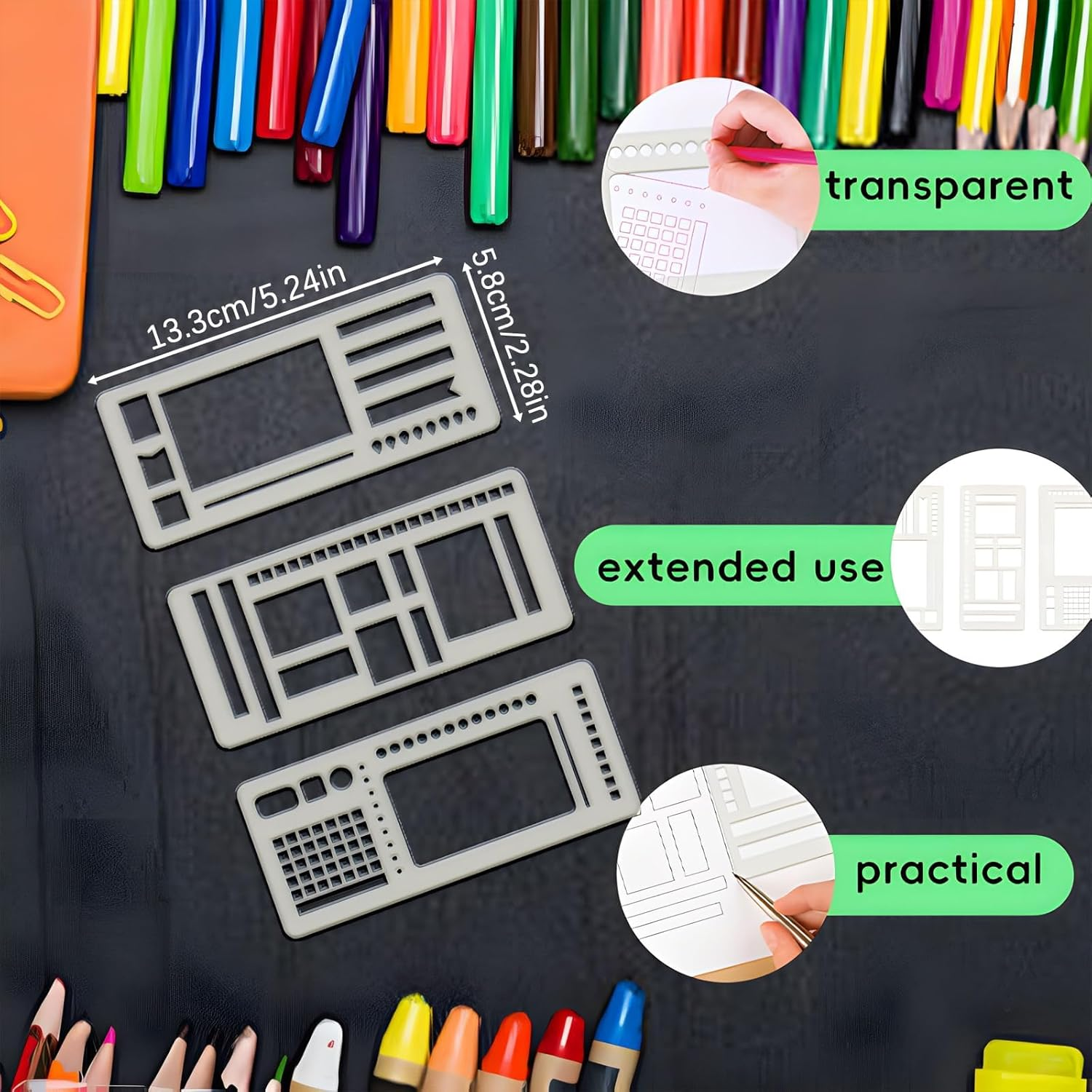 QFFAFAR Handmade Flexible Record Template, 3PCS Transparent Planner Stencils Set, Flexible Drawing and Checklist Templates, Journaling Drawing Template Ruler, for Dot Grid Journals image number 2