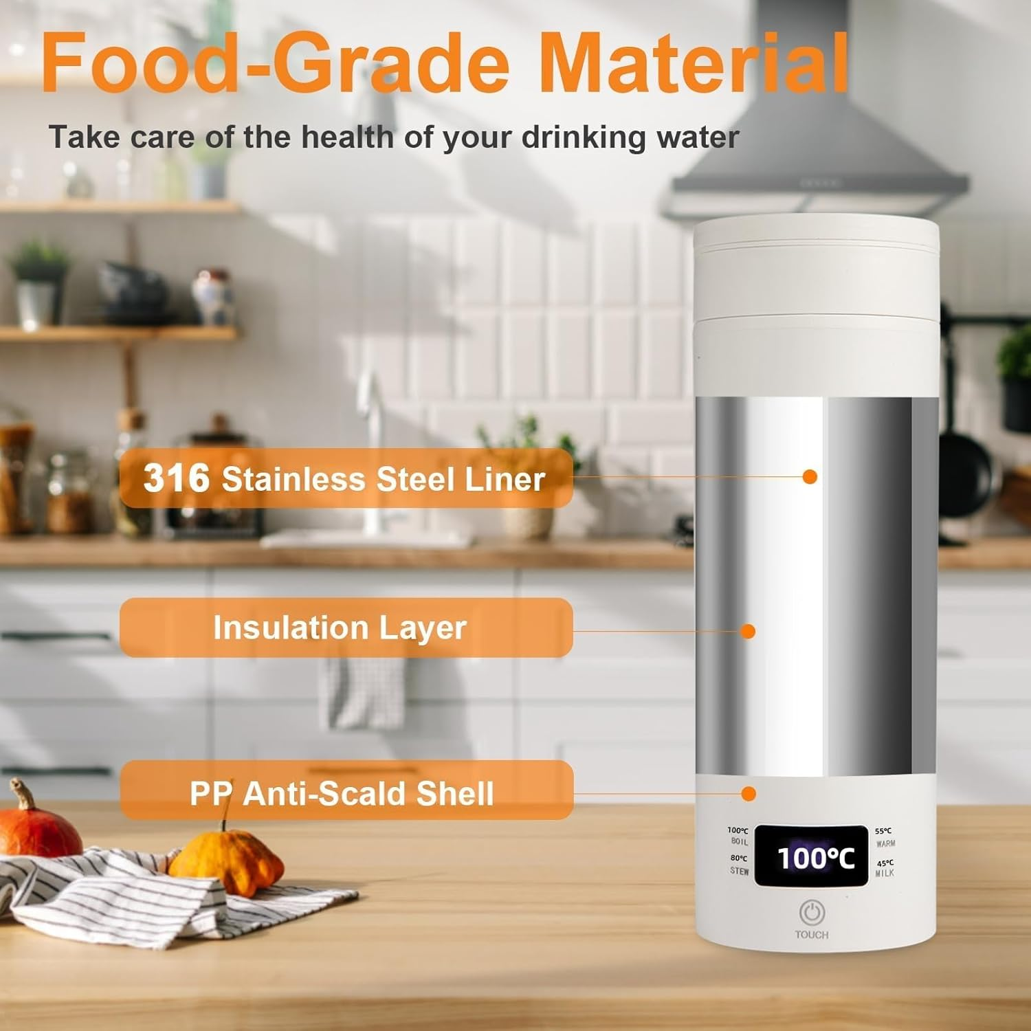 Mini Travel Electric Kettle 450ML, 4 Temperature Settings, Double Wall 316 Stainless Steel, Portable Hot Water Boiler for Hotel/Office, with Storage Bag and Cleaning Brush image number 6