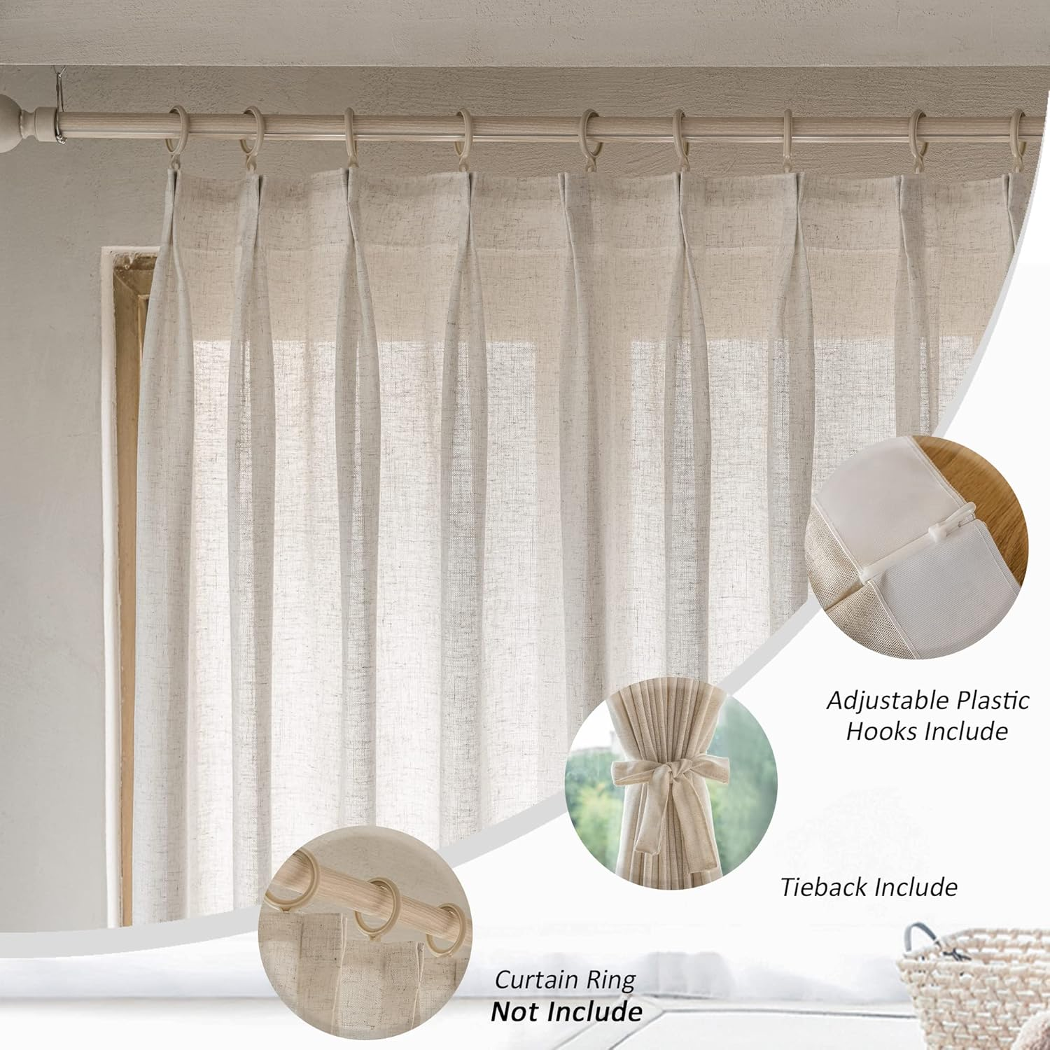 MAIHER Faux Linen Semi Sheer Pinch Pleated Drapes for Living Room, Light Filtering Pleated Curtain Panels 96 Inches Long with Hooks for Traverse Rod (Linen, 1 Panel, 72" W X 96" L) image number 3