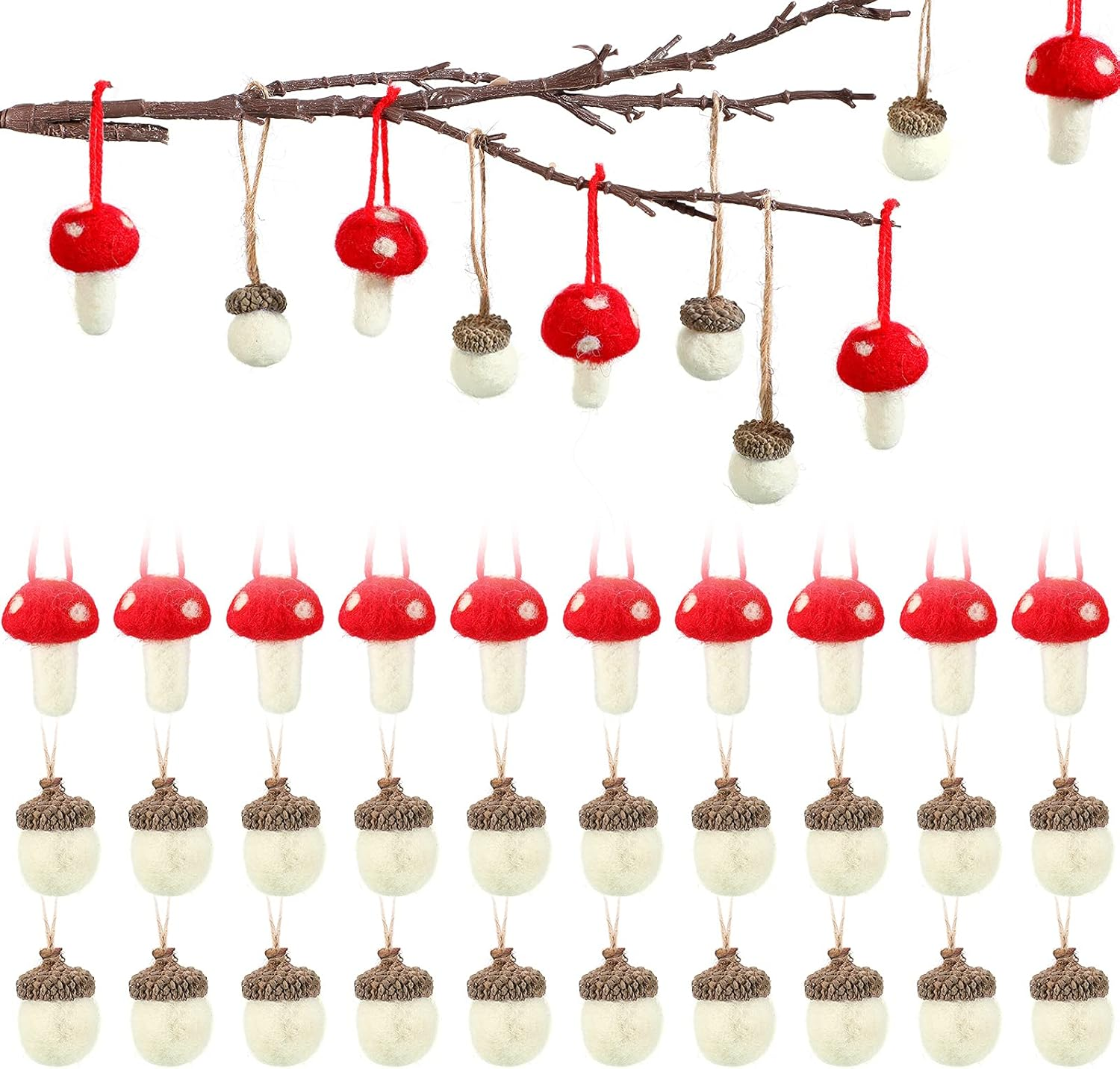 20 Pieces Christmas Felt Acorn Ornaments Wool Felt Acorns Tree Hanging Ornaments with Rope, 10 Pieces Christmas Mushroom Hanging Ornaments for Fall Thanksgiving Christmas Tree Wall Home Decor image number 3