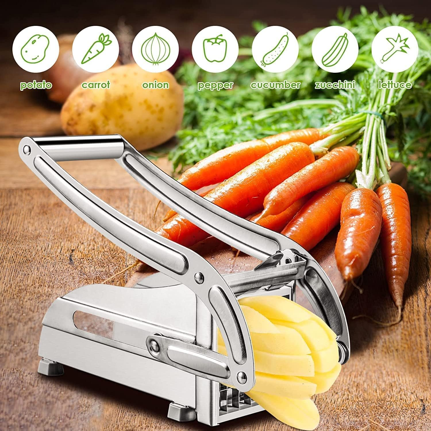 French Fry Cutter with 2 Blades,Potato Chipper, Stainless Steel Vegetable Potato Cutter Chips Cutting Machine with Non-Slip Feet Kitchen Tool Accessories for Carrots Vegetables Fruits image number 2
