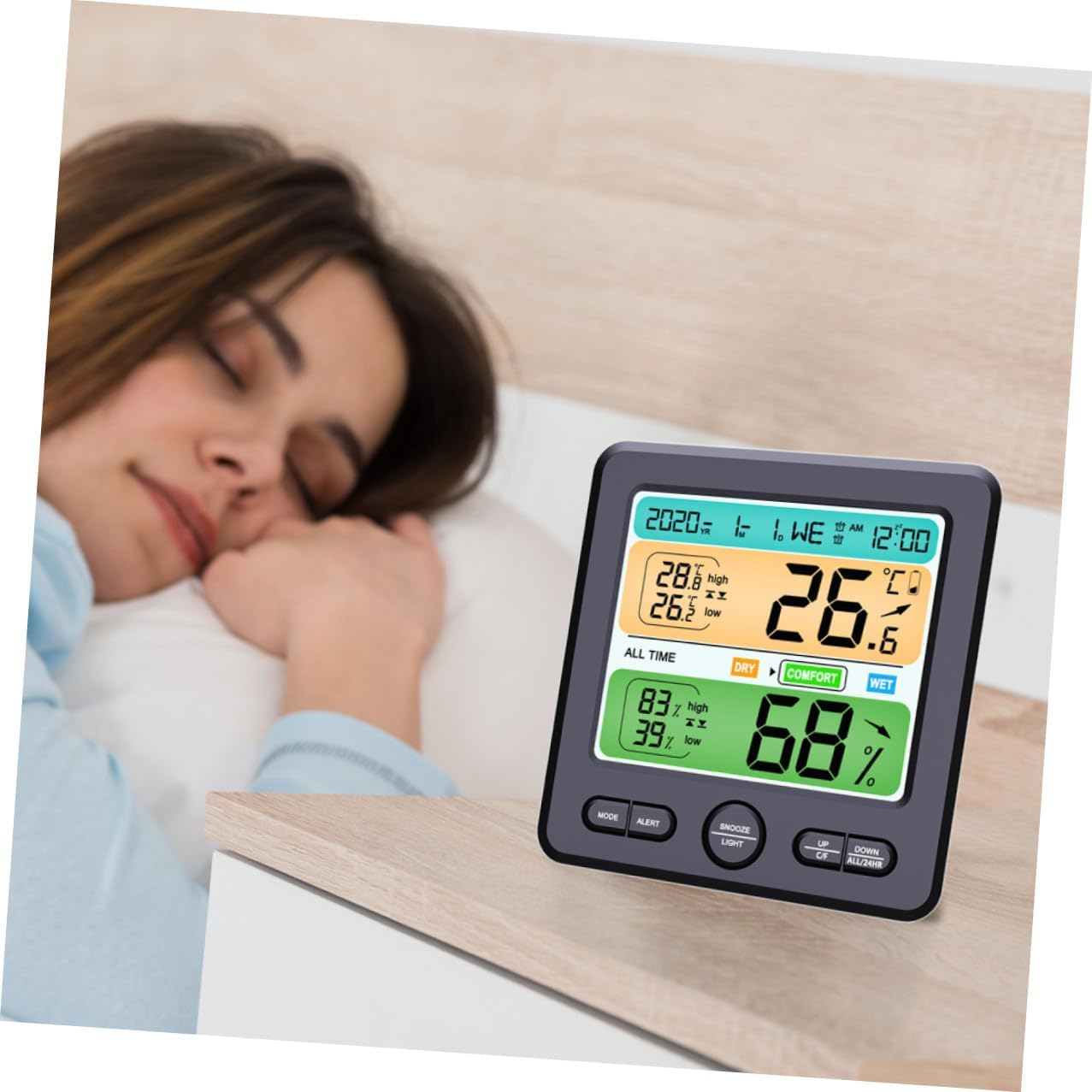 YARNOW Indoor High-Precision Digital Thermometer Hygrometer Clock Wall Mount and Desktop Electronic Alarm Clock Large Screen Temperature Humidity Monitor -6211-B (No Battery) image number 1