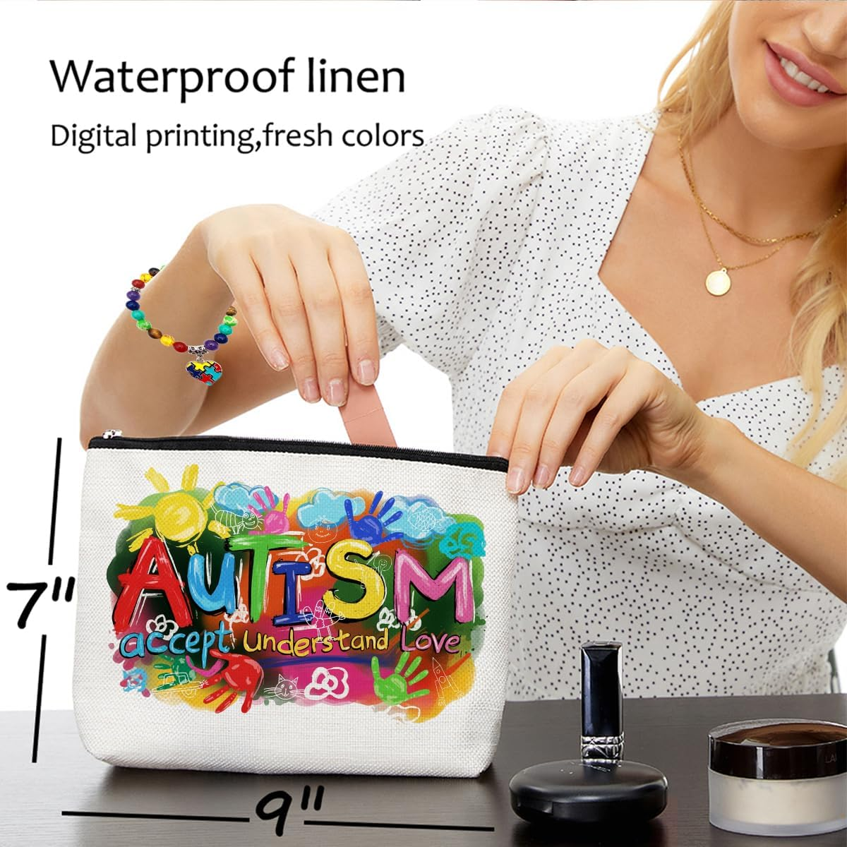 Autism Colorful Painting Makeup Bag for Women Teacher Mom, Large Capacity Makeup Pouch Travel Organizer Toiletry Cosmetic Bag, Autistic Puzzle Elastic Natural Stone Beaded Bracelet, Gifts for Women image number 4