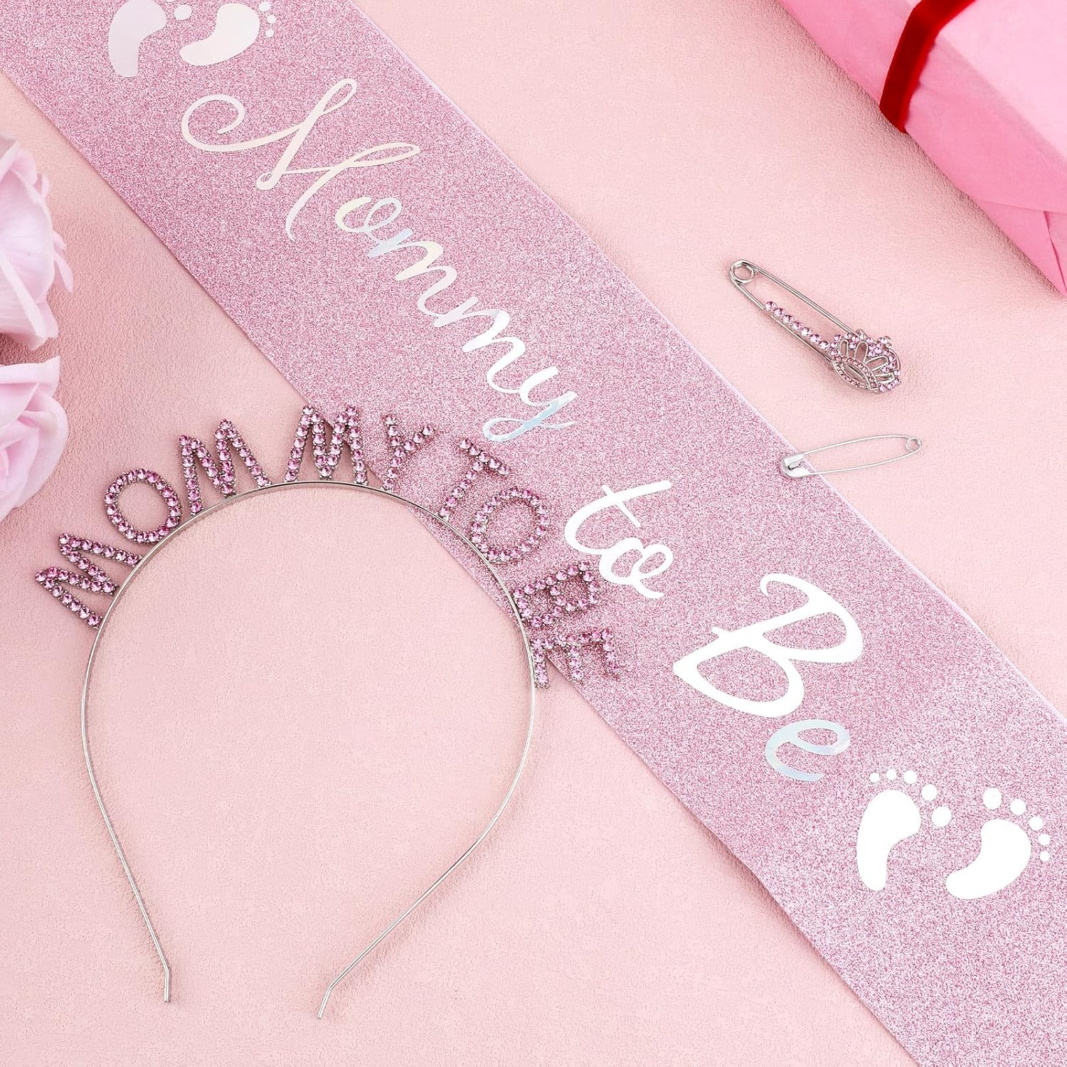 Mother to Be Party Decorations, Mother to Be Sash Hairband Pin Kit Pink Gentle Baby Shower Sash for Mommy Glittering Sash Rhinestone Mother to Be Hairband Pin for Baby Shower image number 1