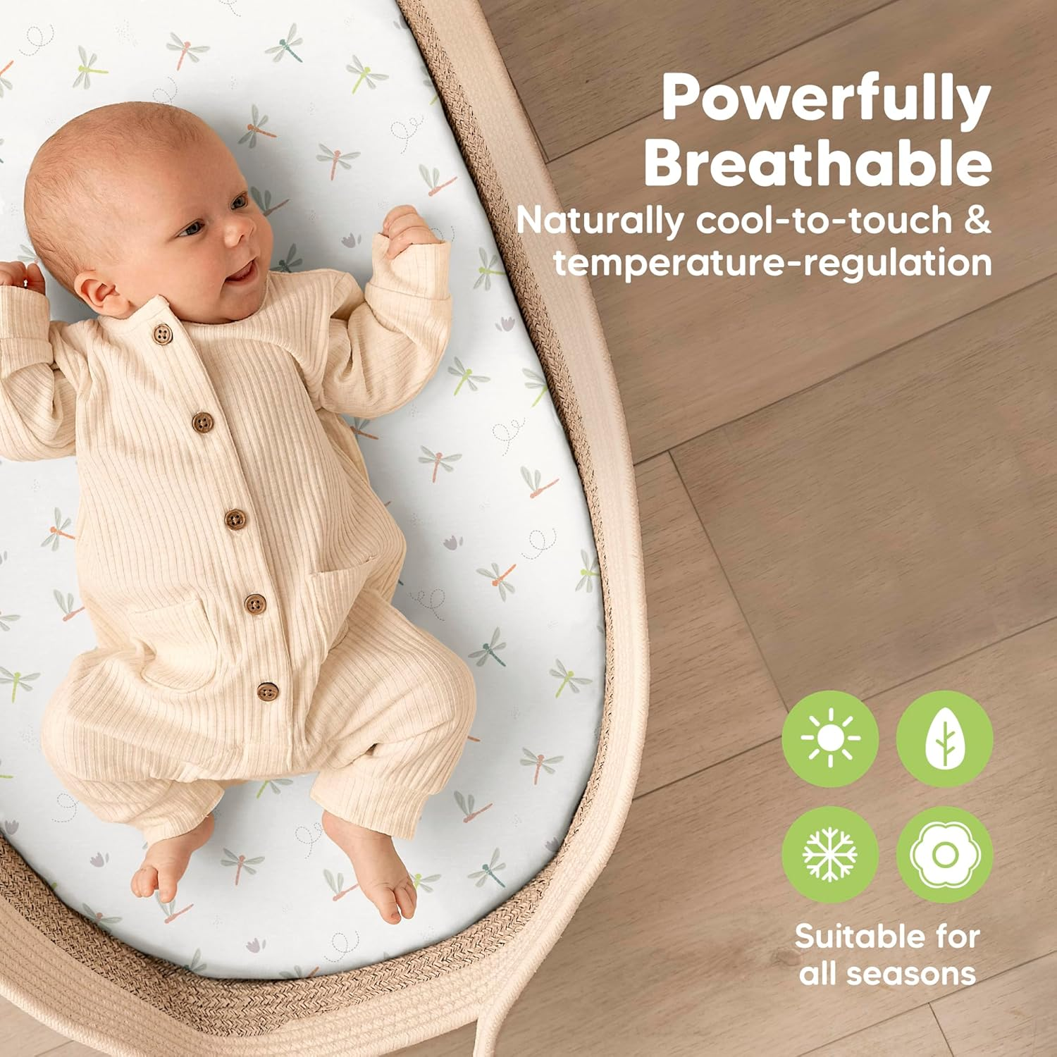 2-Pack Baby Bassinet Sheets Girl, Boy - Soft Bamboo Fitted Cot Sheets Compatible with Halo Bassinest Swivel Sleeper, Baby Delight Bedside Cot Mattress Sheet, Bassinet Fitted Sheets (Meadow) - Soft White image number 4