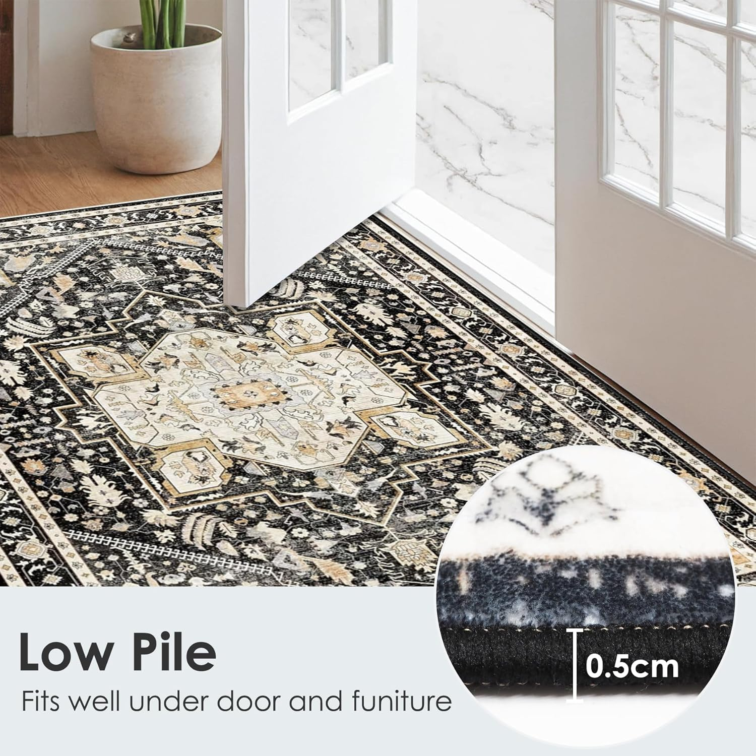 Washable Area Rugs, Soft Low Pile Faux Wool Vintage Carpet Non-Slip Boho Chic Floral Foldable Modern Abstract Large Rug for Living Room Bedroom Kitchen Office Floor Mat (Color 1, 120X180Cm) image number 1