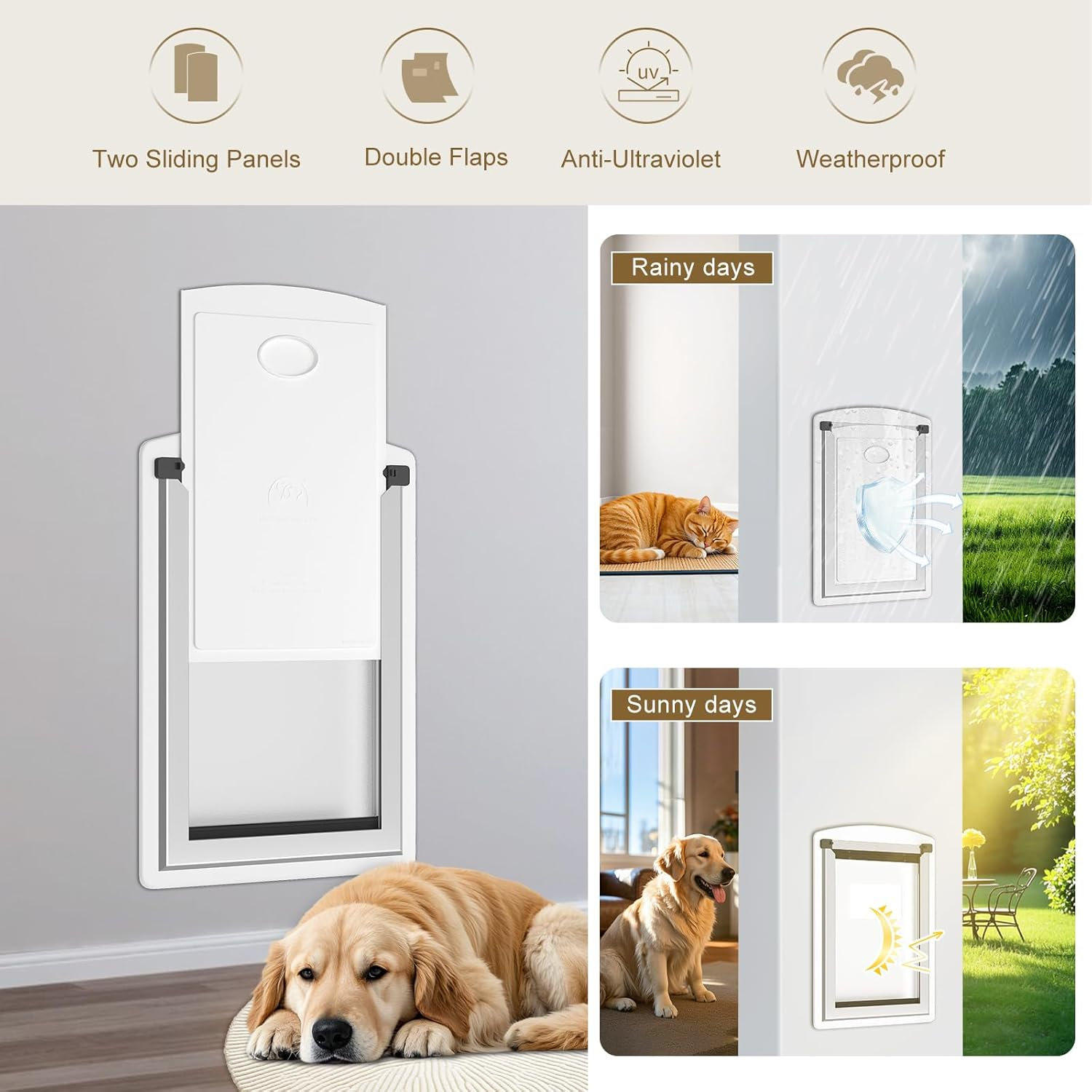 MAVRICPOWER Cat Door for Wall, Energy Efficient Cat Door with Steel Frame and Telescoping Tunnel, Double Magnetic Soft Flaps and Two Sliding Lock Panels, Easy to Install, Snow White, Small