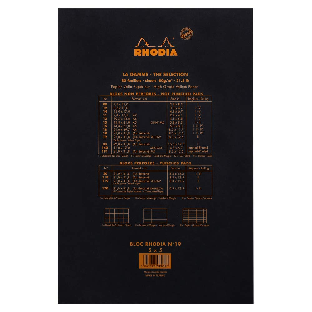 Rhodia 192009C - Stapled Notepad N&deg;19 Black - A4+ - Small Squares - 80 Detachable Sheets - 80G Clairefontaine Paper - Soft, Resistant and Waterproof Coated Card Cover - Basics image number 4