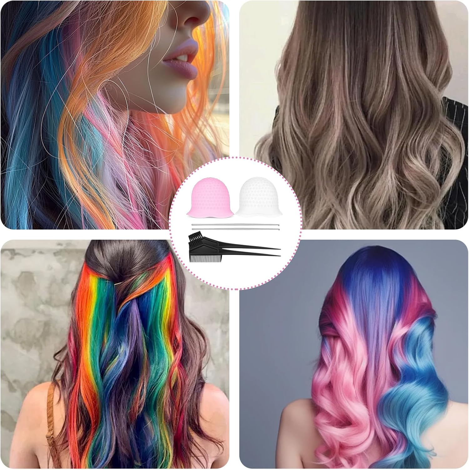 Highlight Cap, 6-Piece Set with Highlight Cap, Steel Needles and Dye Combs, Ideal for DIY Highlights Making Yourself and Precise Hair Dyeing, Made of High-Quality Silicone image number 1