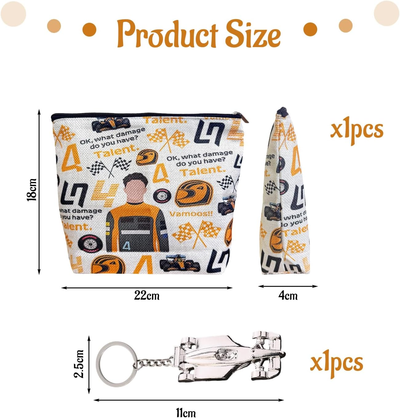 1 Orange Racing Cosmetic Bag, 1 Silver Racing Pendant Cosmetic Storage Bag, Outdoor Travel Toiletry Bag, Mini Keychain Pendant image number 4