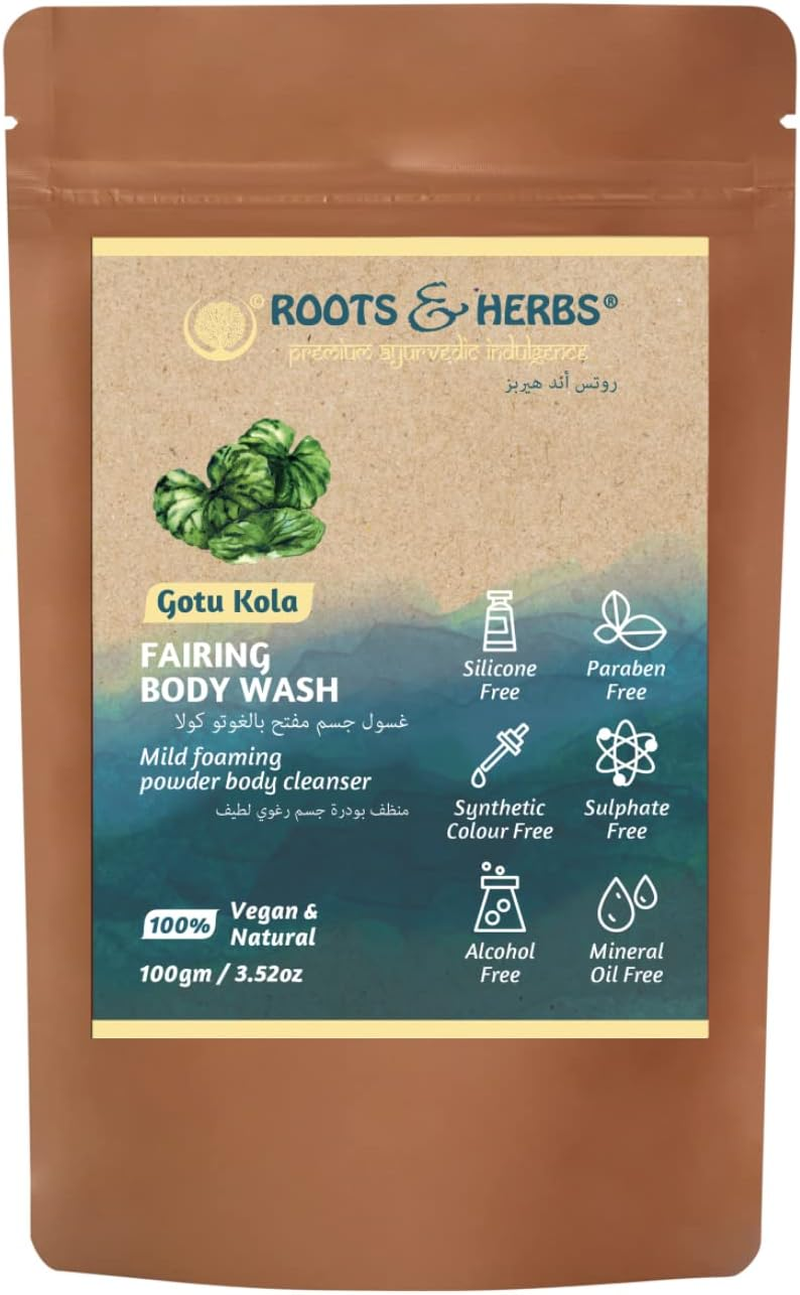 ROOTS and HERBS Ayurvedic Powder Body Wash Natural Treatment 100% Vegan Gotukola Fairing Powdered Body Cleanser Ubtan Powder Non-Foaming Body Wash - 3.52 Oz image number 3