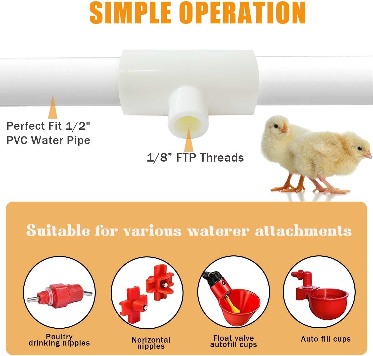 20 Pieces Chicken Waterer PVC Tee Fittings, Automatic Poultry Waterers PVC Fittings for 1/8" FTP Threads, Chicken Water Drinker and Feeder Cups for Poultry Nipples Chicken image number 4