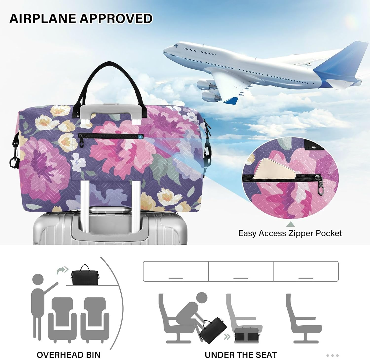 Overnight Travel Duffel Bag Weekender Bag Flowers Floral Farmhouse Eclectic Large Gym Bag with Toiletry Bag For, Flowers Floral Farmhouse Eclectic, Set of 2, Art Deco image number 3