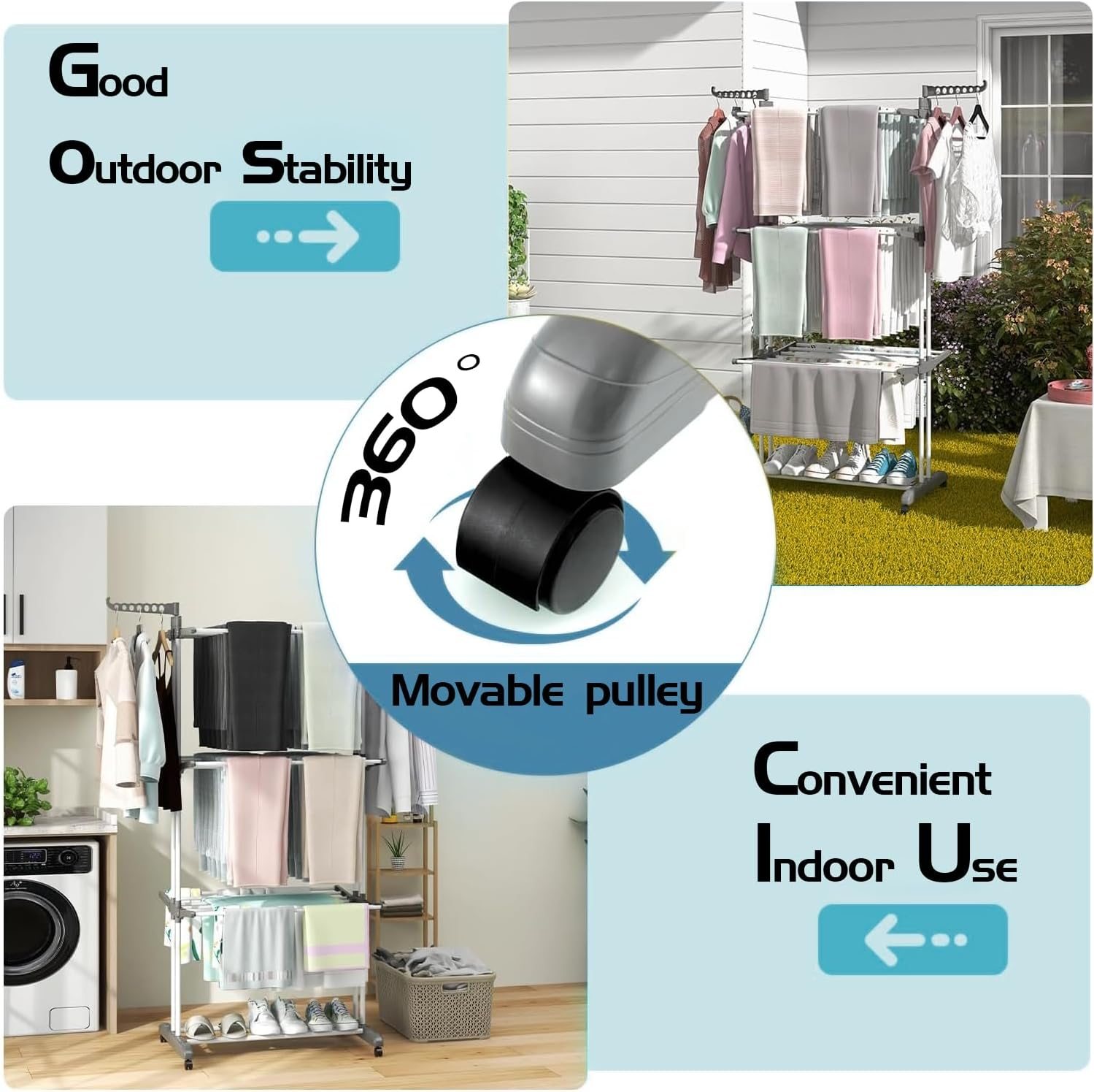 Yuedefly Professional 4 Tier Foldable Clothes Drying Rack, Clothes Airer, Drying Rack, Clothes Rack, Adjustable Large Stainless Steel Laundry Rack for Indoor and Outdoor Use, Grey image number 4