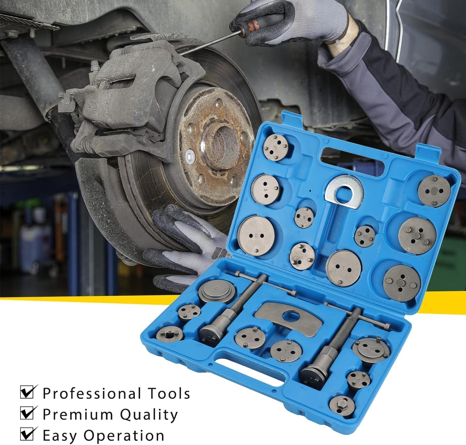 24PCS Disc Brake Caliper Tool Kit | Heavy Duty Disc Brake Piston Caliper Compressor Rewind Tool Set for Brake Pad Replacement Reset, Fits Most American European Japanese Autos (Blue)