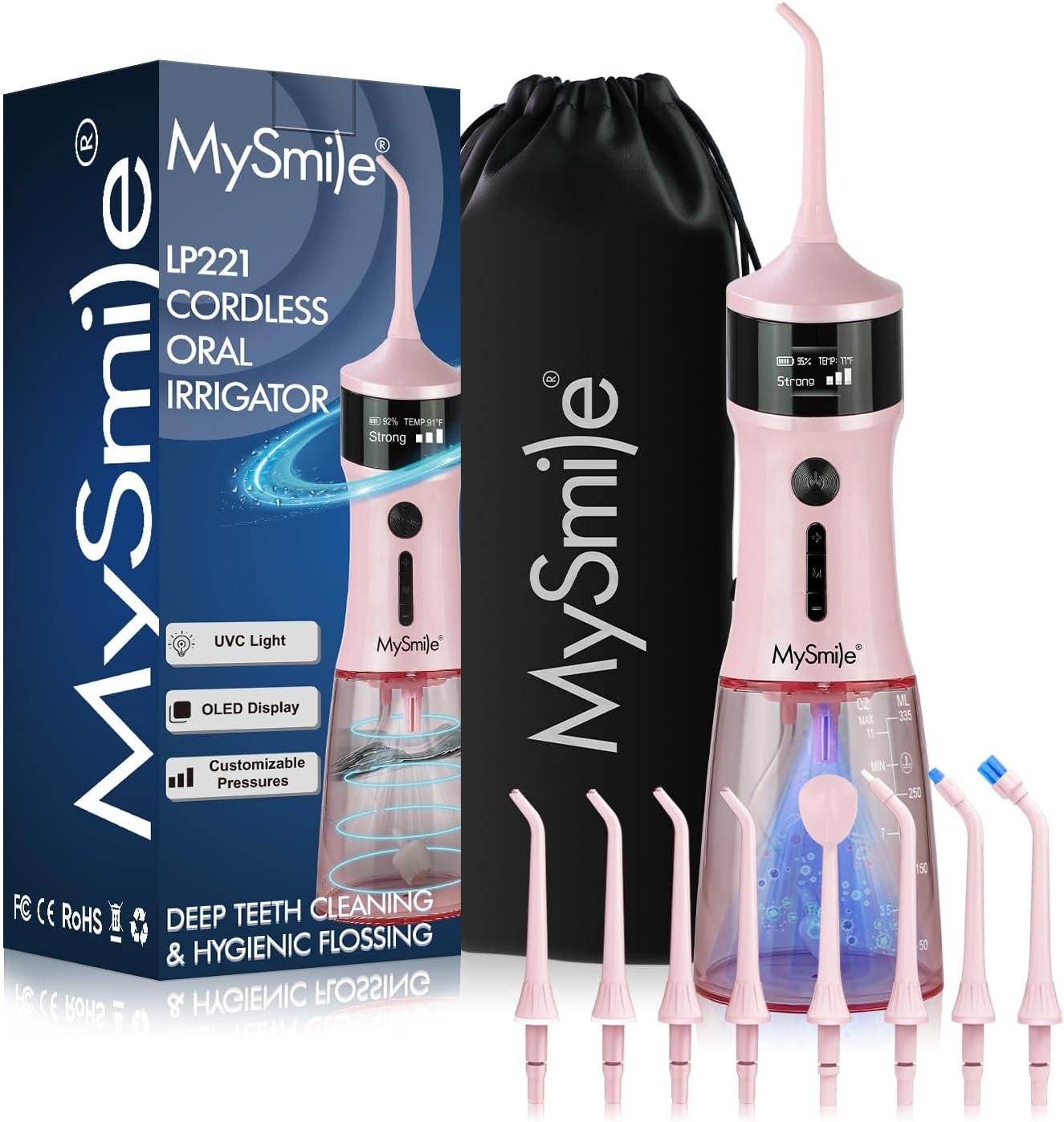 Mysmile Powerful Cordless 5 Modes Dental Water Flossers for Teeth Portable OLED Display Oral Irrigator with 8 Replaceable Jet Tips and 350 ML Detachable Water Tank for Home Travel Use (Juicy Pink)