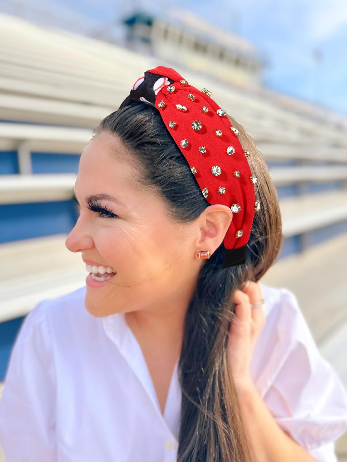 CEALXHENY Rhinestone Knotted Headbands for Women, Top Knot Baseball Headband, Embellished Jeweled Game Day Headband Sports Team Headbands Game Day Hair Accessory (Baseball-Back/Red) - Baseball-Back/Red image number 2