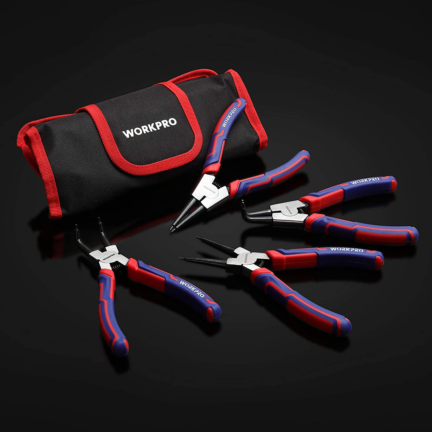 WORKPRO 4-Piece Snap Ring Pliers Set - Heavy Duty 7-Inch Internal/External Circlip Pliers Kit (Tip Diameter 5/64'')-Straight/Bent Jaw - Cr-V Steel - for Ring Remover Retaining- Storage Pouch Included image number 2