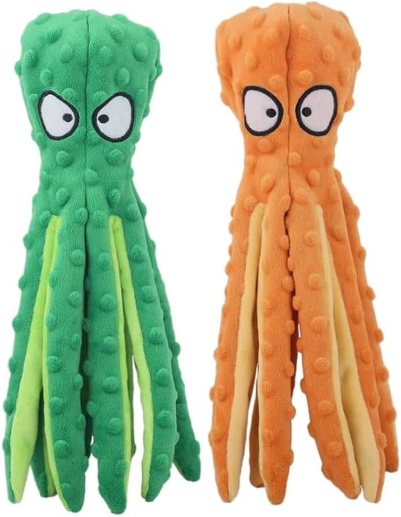 Dog Squeak Toys No Stuffing Crinkle Plush Dog Toys for Puppy Teething, Durable Interactive Dog Chew Toys for Small to Medium Dogs Training and Reduce Boredom, 2 Pack (Green+Orange) image number 4