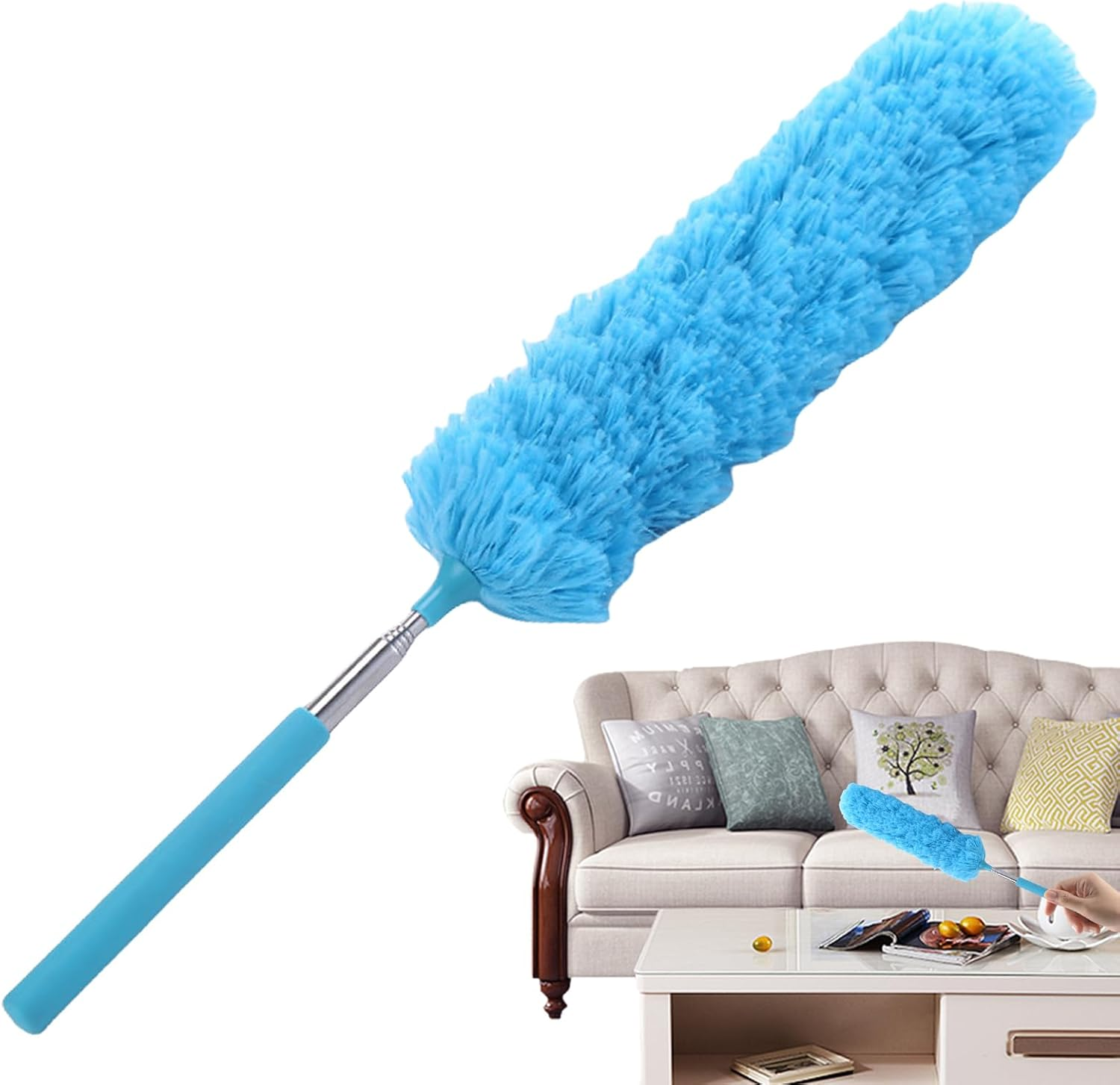 Extendable Feathers Duster Bendable Microfiber Long Handled Duster, Flexible Hand Cobweb Cleaner with Telescoping Pole for Cleaning High Ceiling Fans, Cars, Blinds, Cobweb, Furniture - Green image number 5