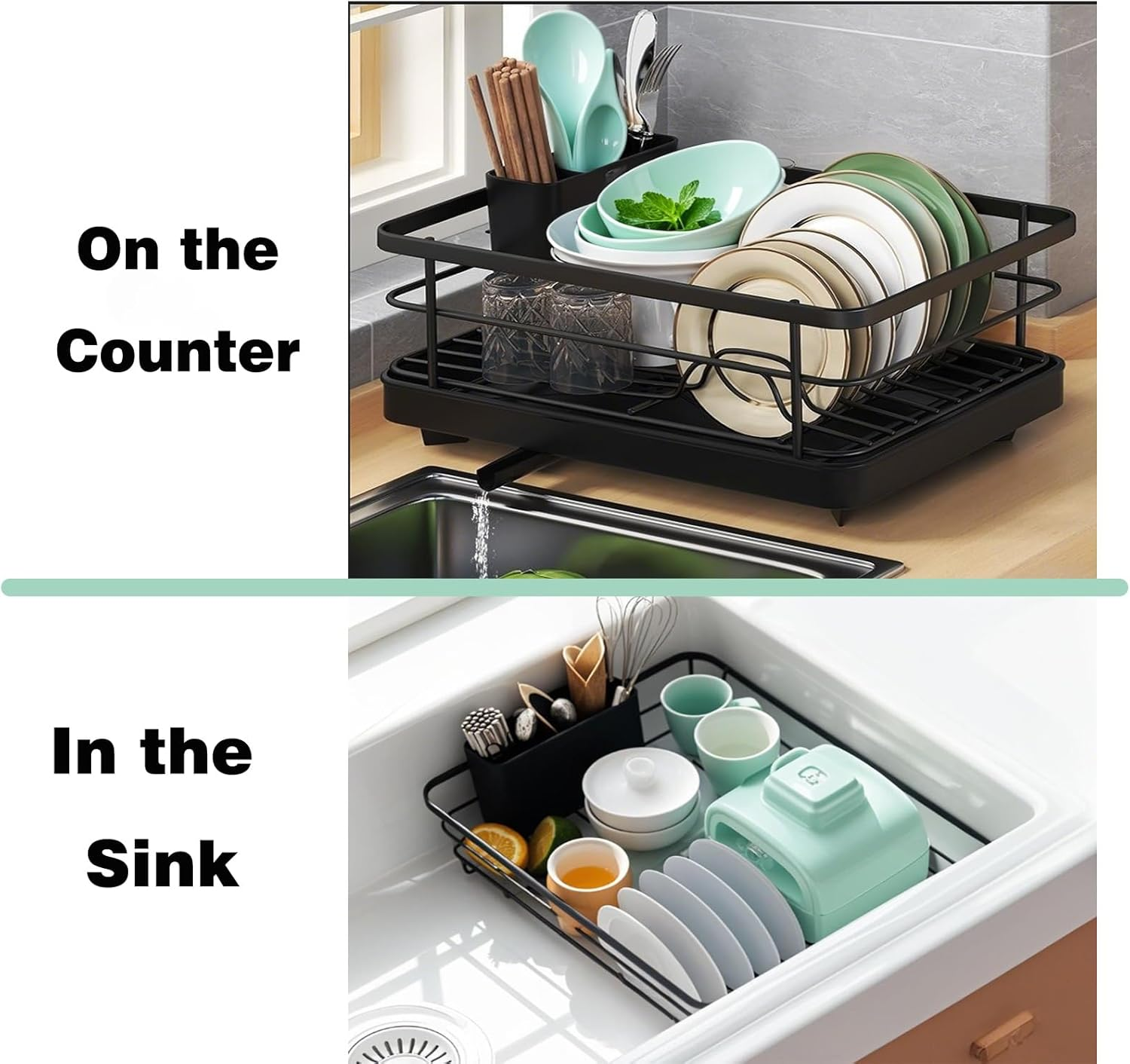 Dish Drying Rack- Space-Saving Dish Rack, Dish Drainers for Kitchen Counter, Stainless Steel Kitchen Drying Rack with a Cutlery Holder, 29.0 X 38.1 X 12.7 Cm, Black