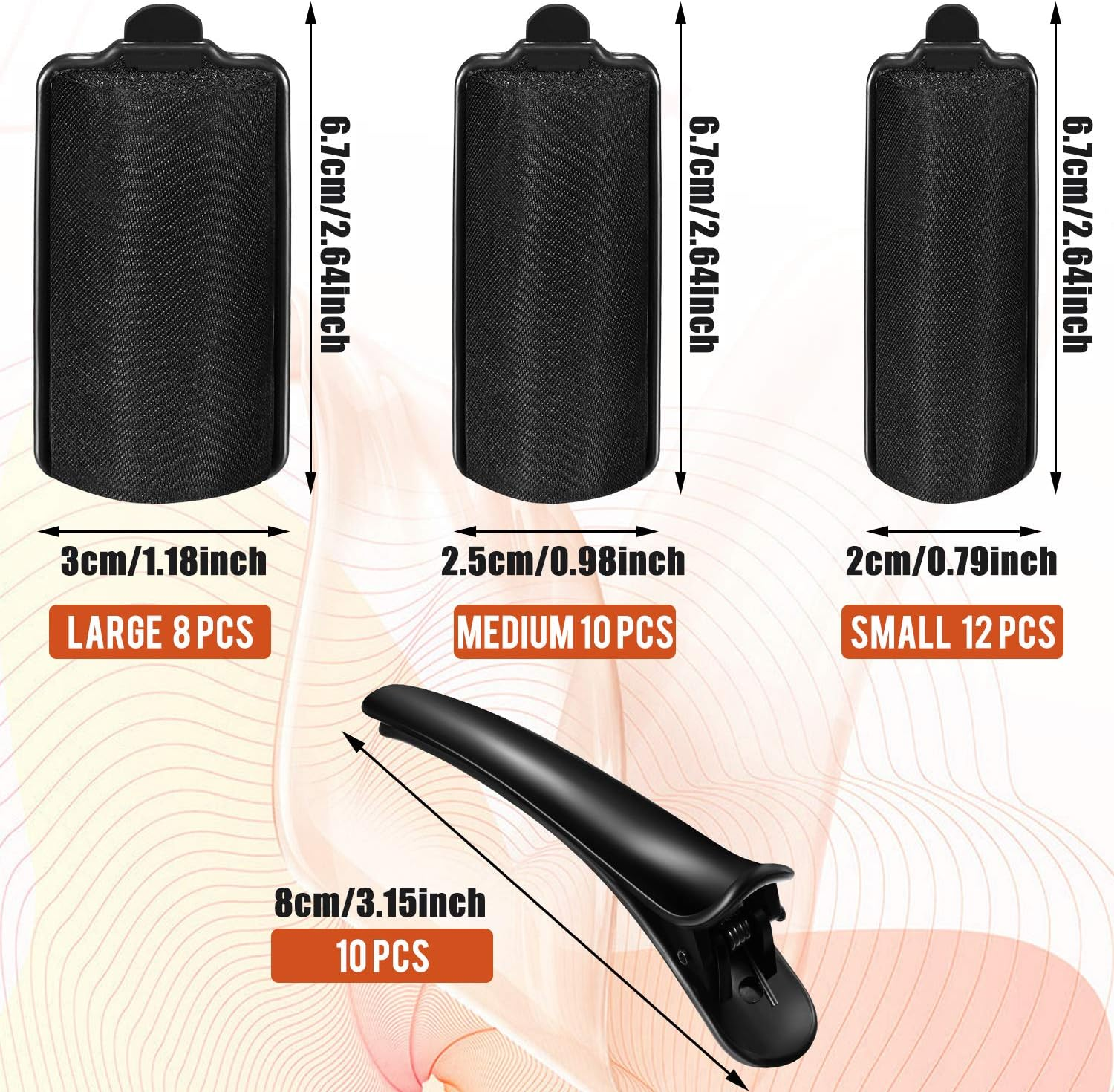 40 Pieces Sponge Hair Rollers Satin Rollers Silk Foam Rollers Women Hair Curlers with Duck Teeth Clips for Hairdressing Styling(Multi-Size,Black)