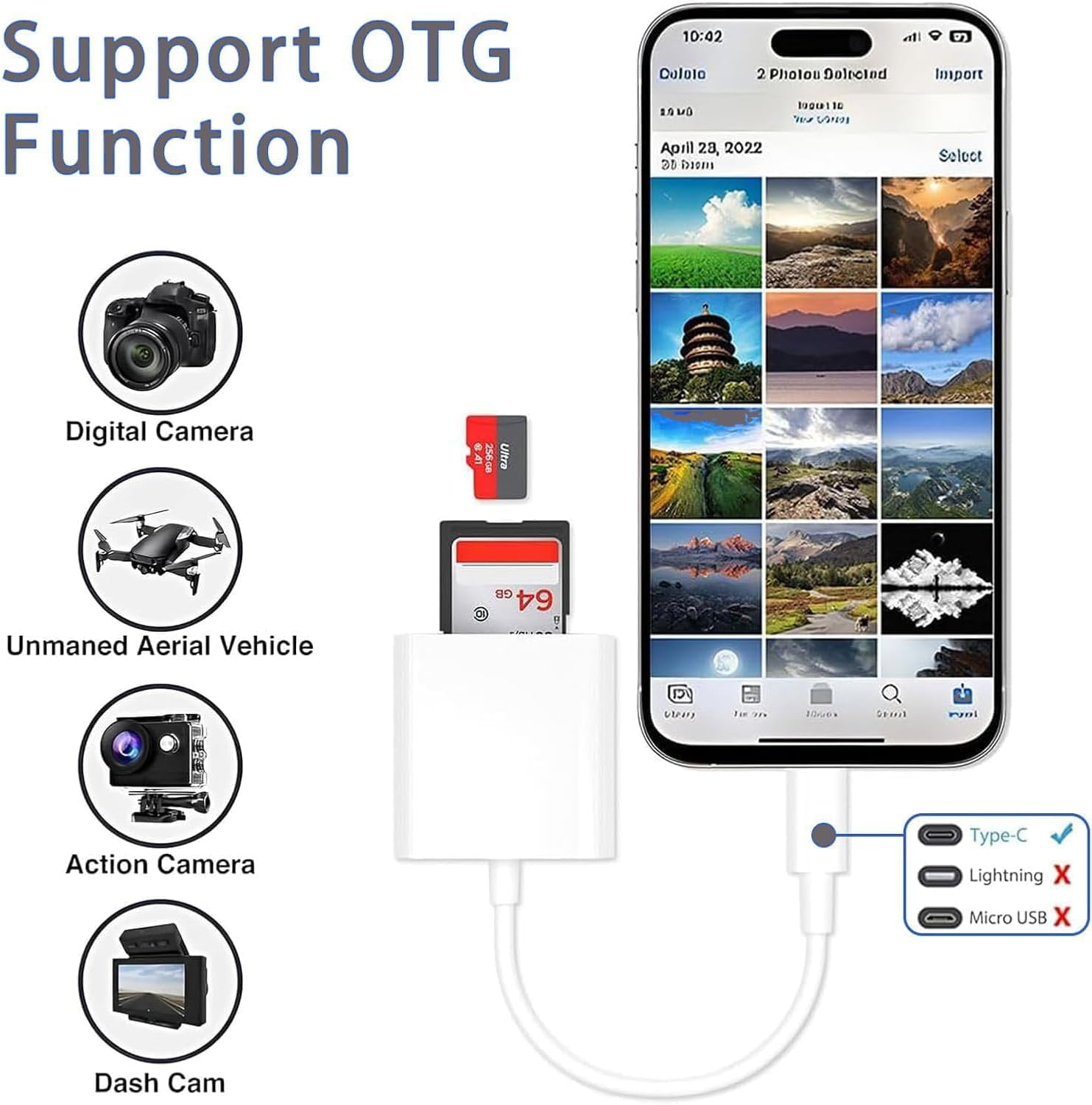 SD Card Reader for Iphone 15/16, Digital Camera Adapter Supports Micro SD Type C Memory Card Adapter, Trail Camera Viewer Plug and Play for Iphone 16/15/Ipad/Macbook/Imac/Galaxy/Android - 2 Slots image number 6