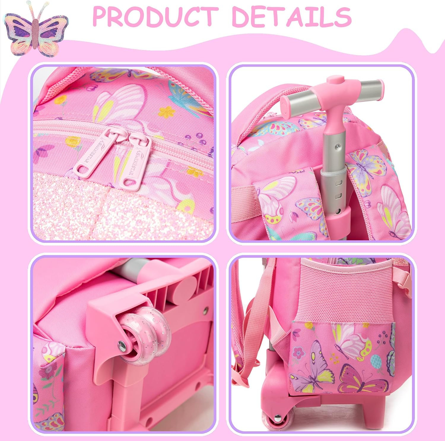 ZBAOGTW Rolling Backpack for Girls Unicorn Rolling Backpack with Lunch Box and Pencil Bag Adjustable Length Wheeled Backpack image number 2