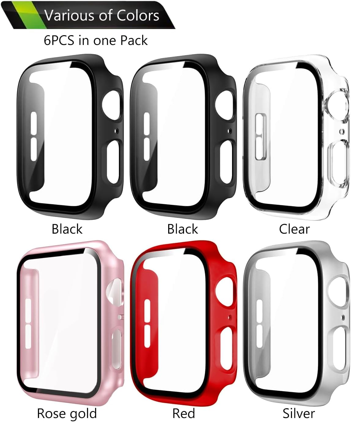 RINGSUN 6-Pack Screen Protector Case Compatible with Apple Watch 40Mm Series 6 5 4 SE & SE 2Nd Gen, Slim Case Bumper with Built-In Tempered Glass Film (Black X2, Silver, Clear, Rose Gold, Red) image number 2