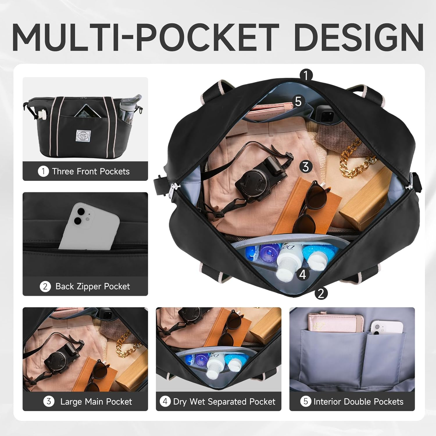 WALNEW Travel Duffle Bag, Carry on Bag for Women Men, Foldable Overnight Weekender Duffel Bags, Large Gym Tote Bag with Metal Buckle Detachable Shoulder Strap and Wet Compartment, Black - Klein Blue image number 3