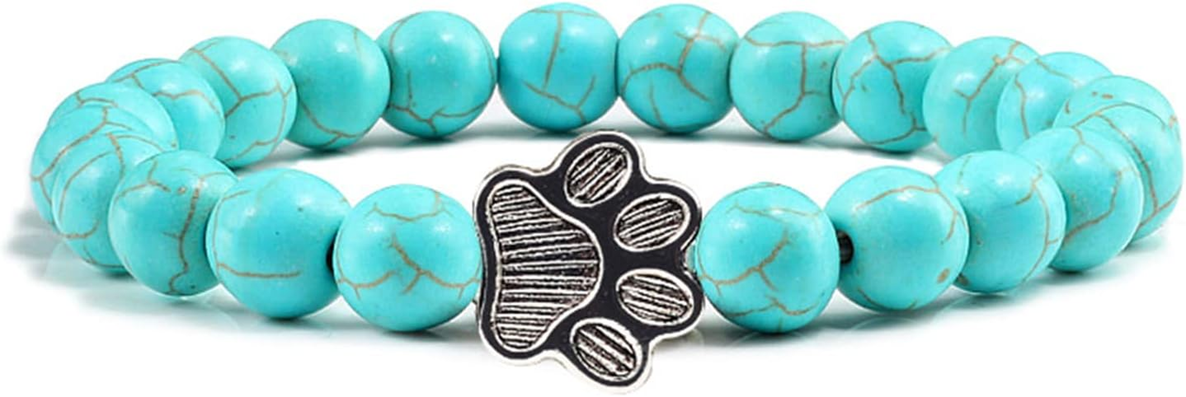 POYAMUSE Lovely Pet Paw Turquoise Beaded Strand Bracelet for Women Men Pet Memorial Jewelry, Cute Dog Cat Paw, Colorful Turquoise Beads - Black Matt image number 6