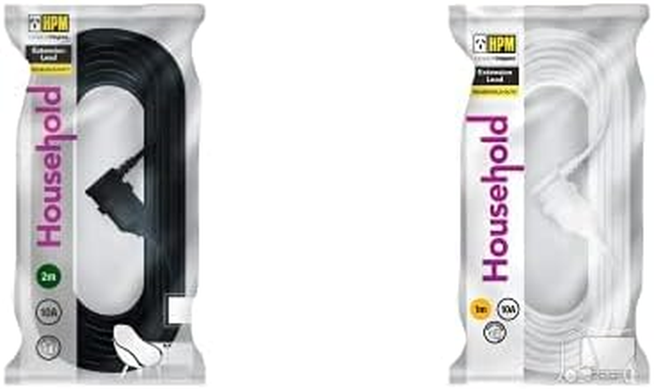 HPM Entertainment Extension Lead Black 2M + Household Duty Piggy Back Extension Lead White 1M