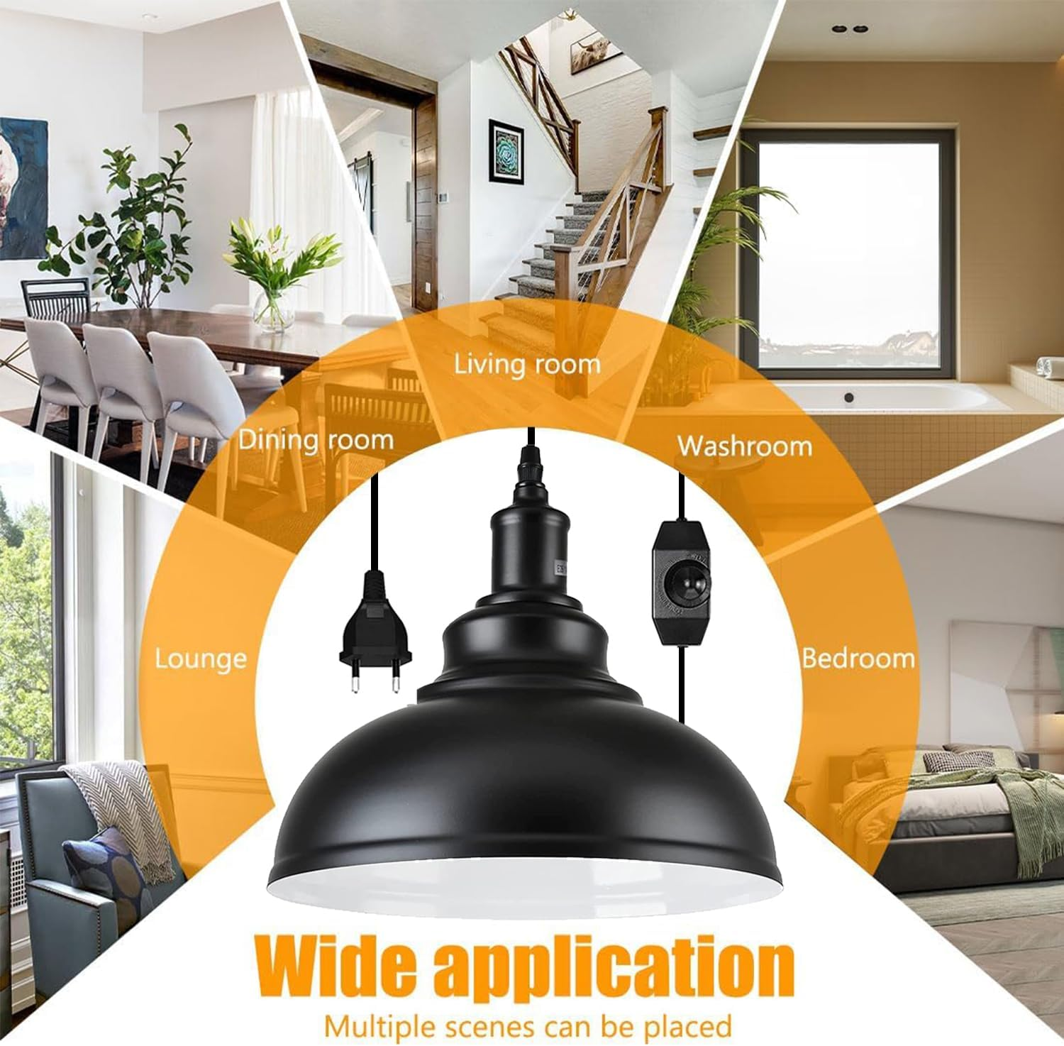 Vintage Pendant Light with Plug, E27 Fitting Ceiling Light with 4.5M Cable and Dimming Switch Dimmable Black Metal Pendant Light for Outdoor & Indoor Garden Balcony Patio Max.60W