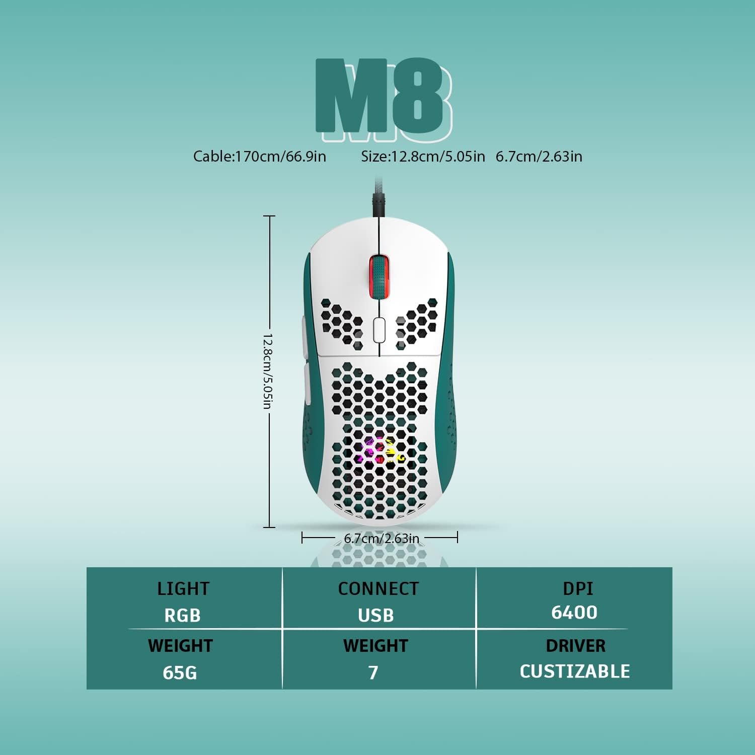 KUIYN 383 PRO Ultralight Wired Gaming Mouse, Lightweight Honeycomb Shell, 6 RGB Breathable Backlight, 6 Adjustable DPI 6400, USB Optical Model Win10/Xp/Xbox/Ps4/Ps5/Mac/Hp/Acer (White-Green) - A-(Pink) image number 5