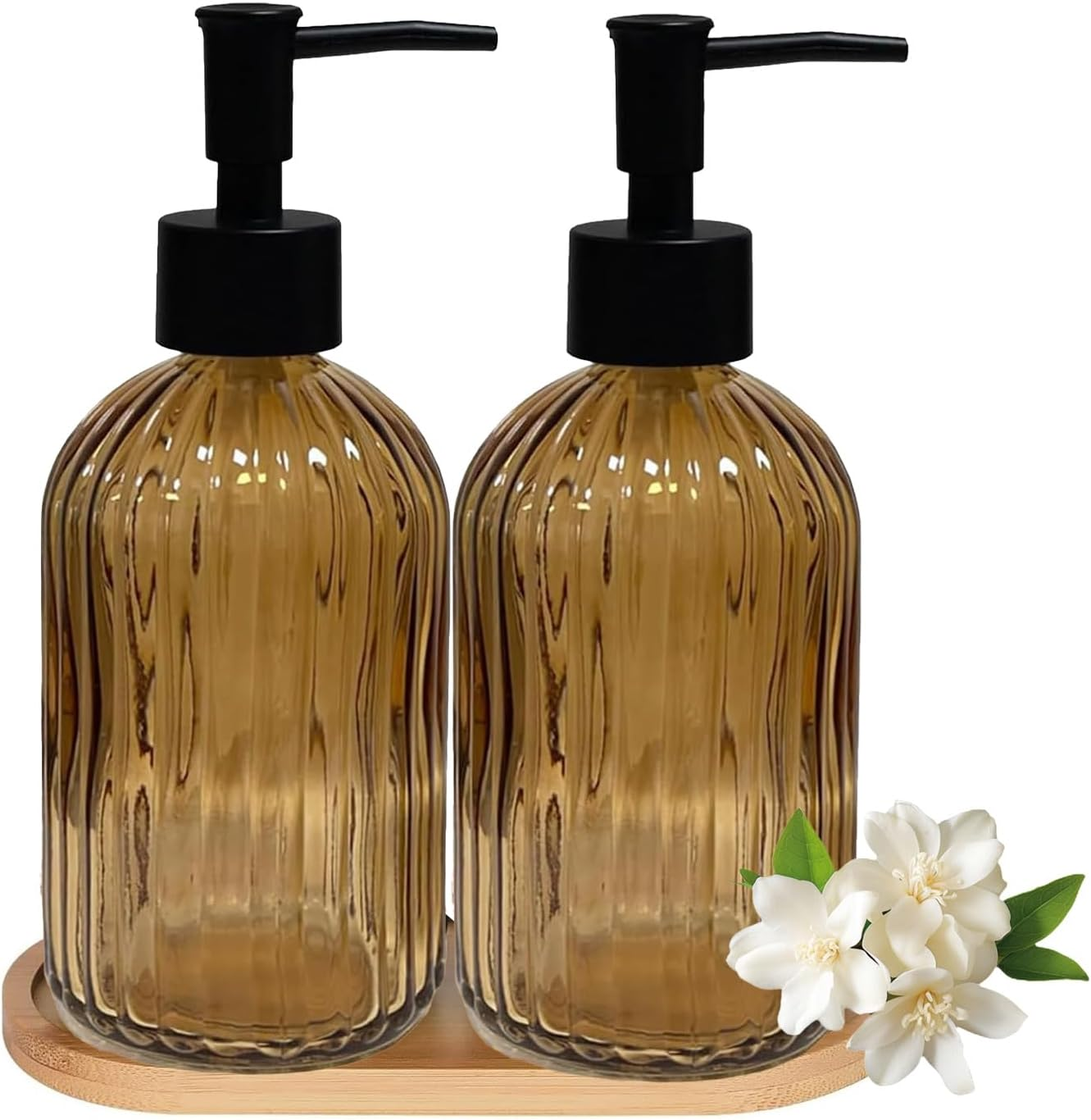 Glass Hand and Dish Soap Dispenser Set of 2 with Plastic Pumps, Bamboo Tray, 12Oz Green Bathroom Soap Dispenser with Diamond for Hand Wash & Dish Wash, Ideal for Bathroom Kitchen Countertop