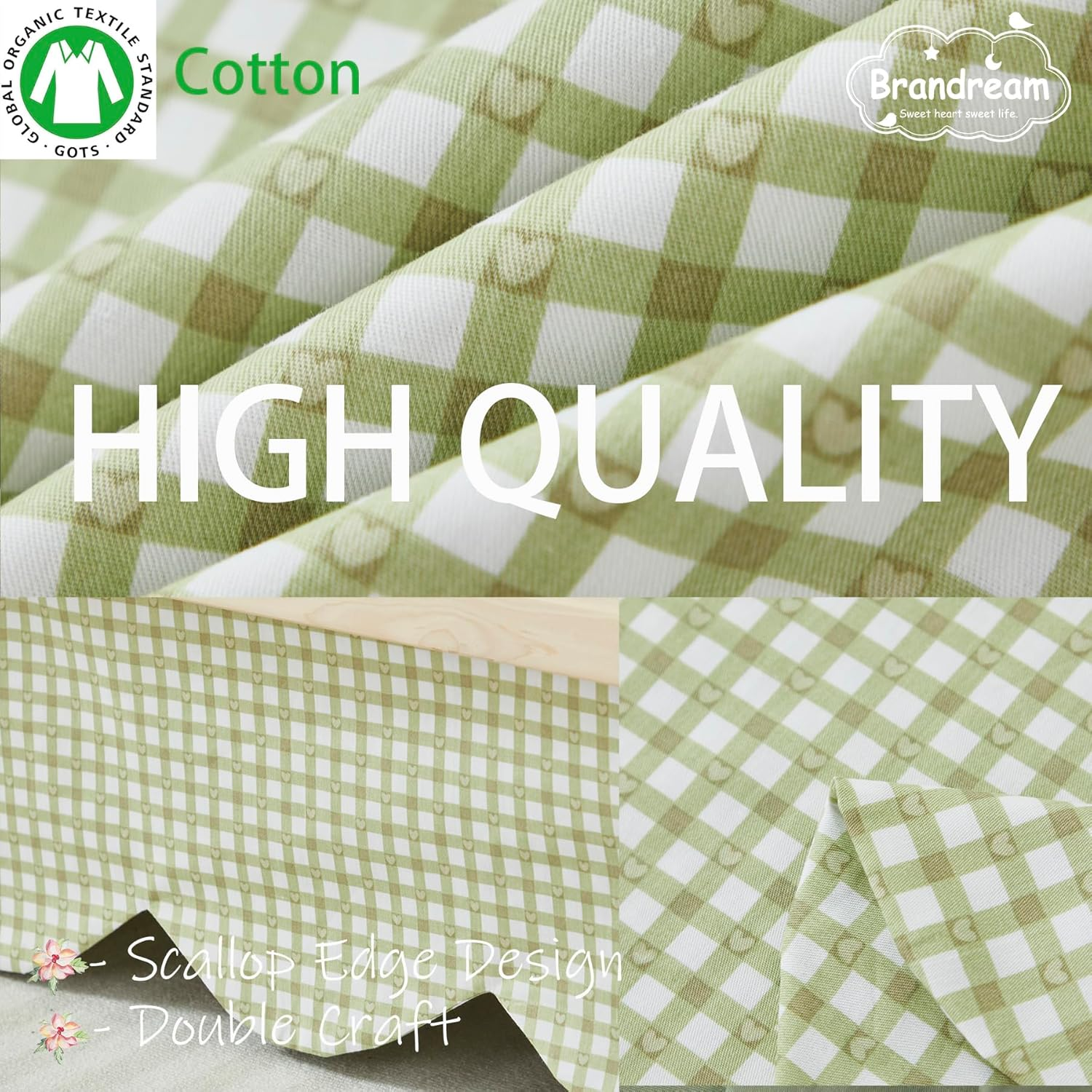 Brandream Scallop Edge Cotton Crib Skirt, Baby Boy Girl Gender Neutral Crib Skirt Toddler Bedskirt Farmhouse Chic Nursery Crib Bed Skirt, Boho Bohemian Green Gingham - Blue Toile image number 2