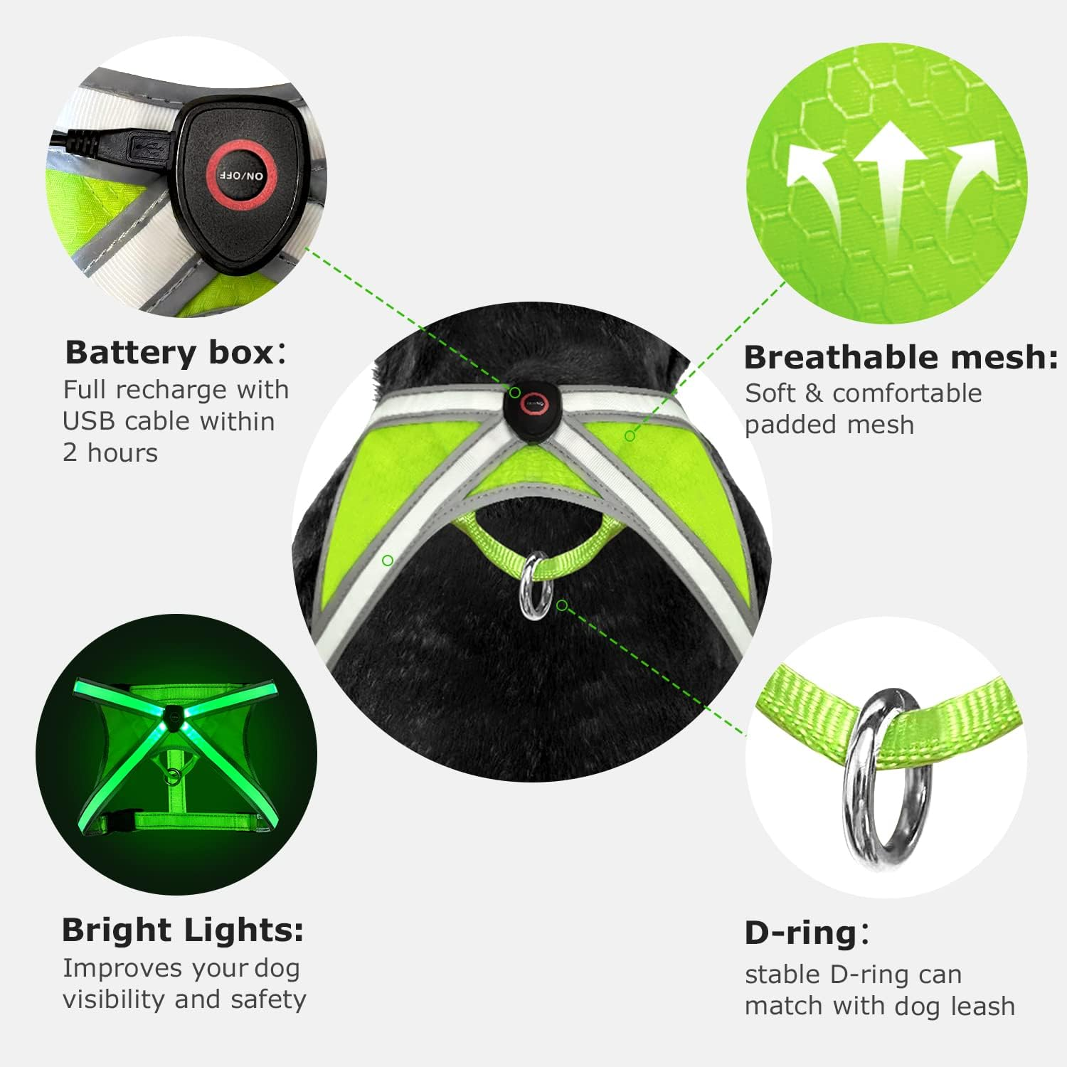 Tripolaco Light up Dog Harness, High Visibility Led Dog Harness for Night Safety, USB Rechargeable Glowing Dog Harness for Night Walking, Flashing Dog Harness for Small Medium Large Dogs (Green, L) image number 5