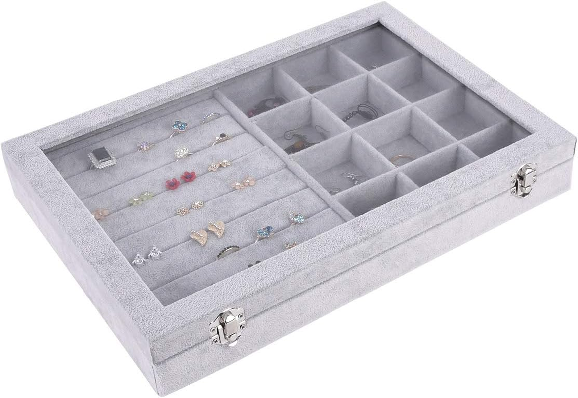 AUTOARK Ice Velvet Clear Lid 12 Grid Jewelry and 7 Slots Jewelry Rings Earrings Tray Showcase Display Organizer,Aj-026 image number 1