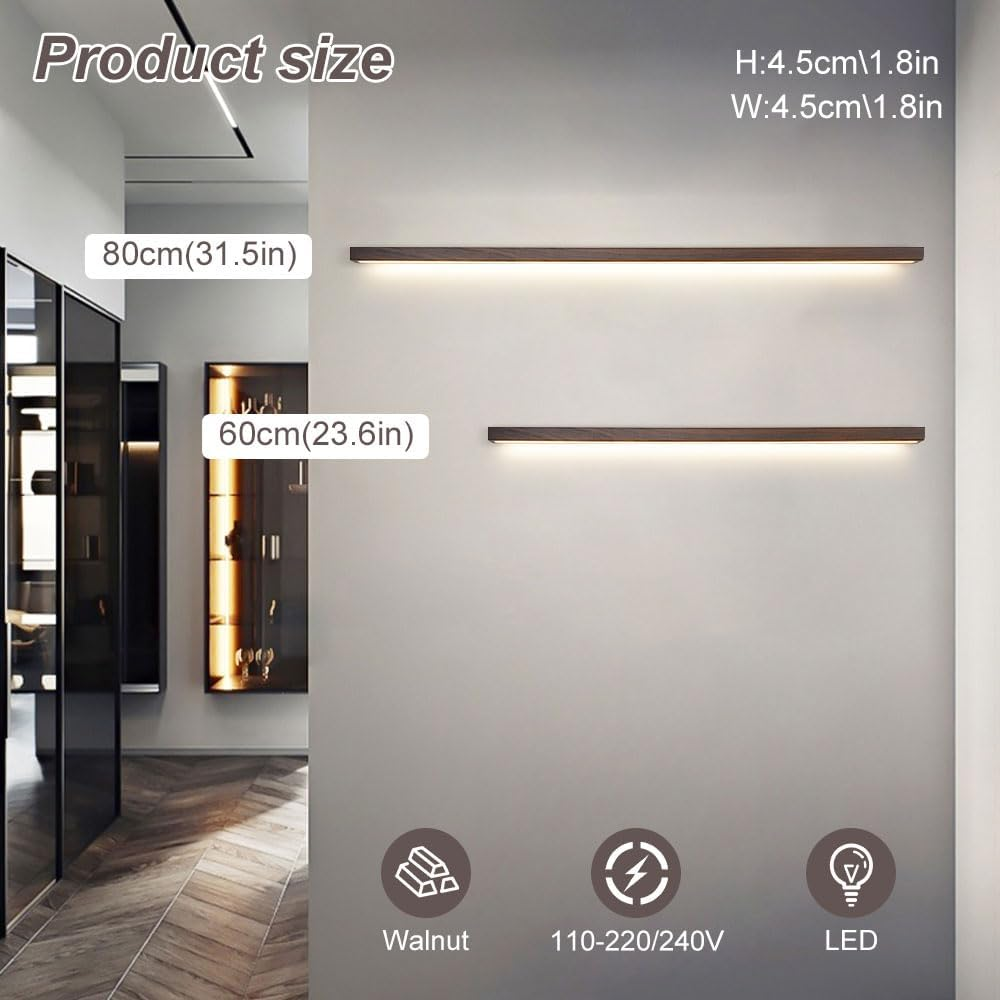 LED Linear Wall Light Walnut Wall Sconce Long Strip Vanity Wall Lamp, Minimalist Wood Wall Sconces Hardwired Lighting Fixture for Mirror Bedroom Living Room Hallway 3 Color Mode XXZ image number 5