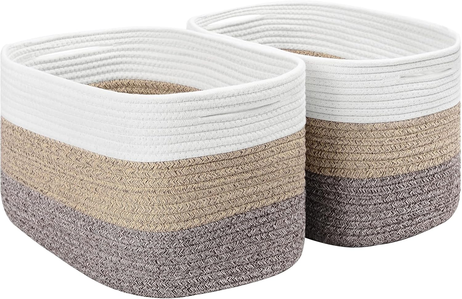 Woven Cotton Rope Storage Boxs with Hollow Handle (White, 3 Pack)