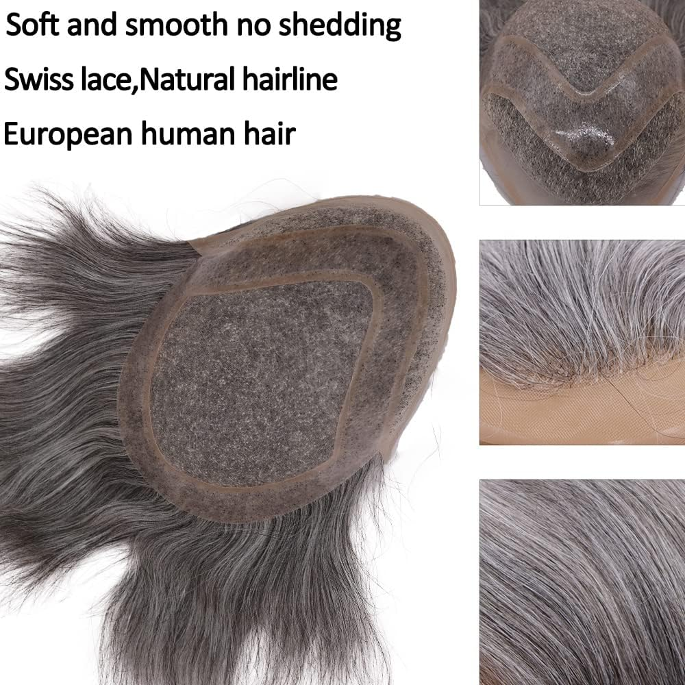 Lishy Toupee for Men Hair Pieces 100% European Virgin Human Hair Replacement System 10" X 8" Mono Lace with PU around and Swiss Lace Front Toupee Men Hair Piece 1B Mixed 60% Grey Hair - 1B Mixed 40 Grey Color image number 6