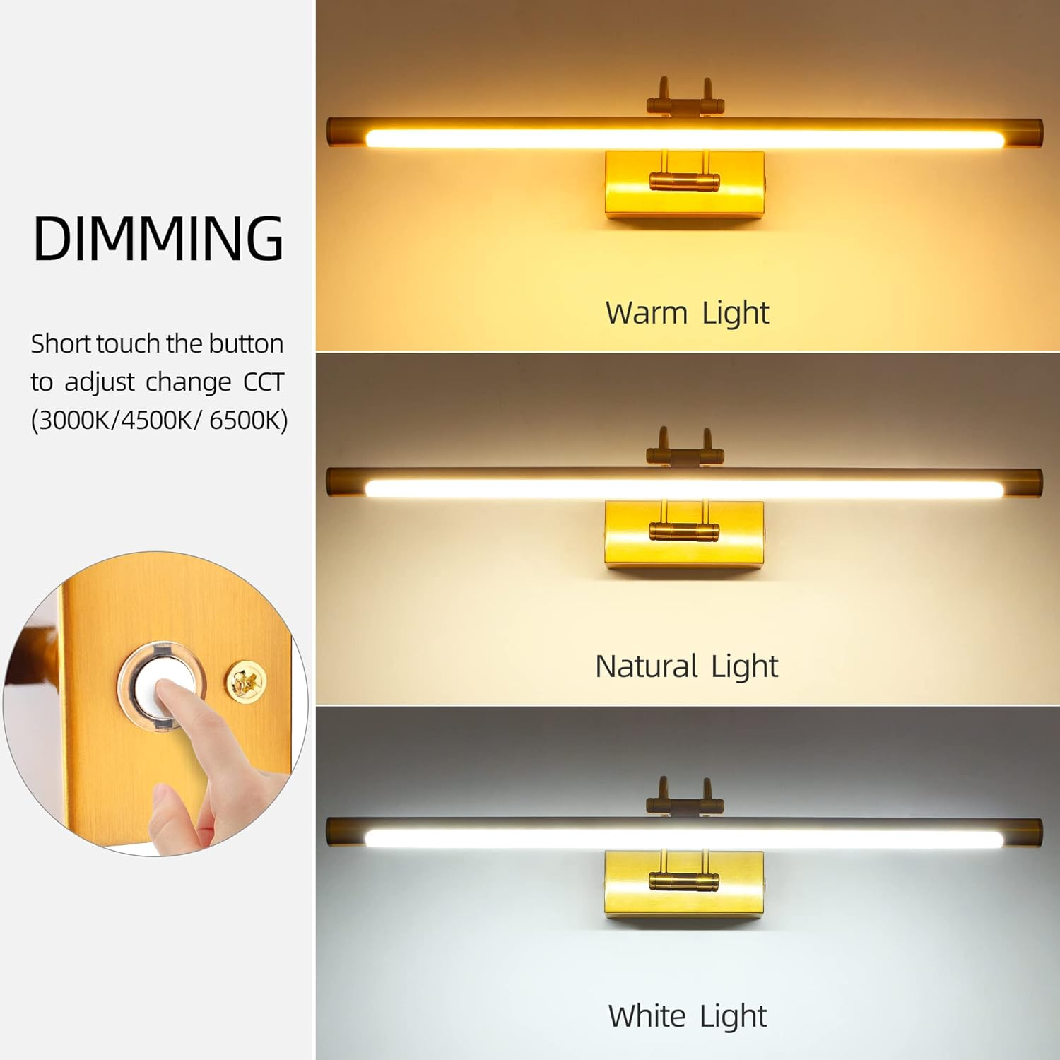 Mantolite Dimmable Picture Wall Light, 15 W, Brass, 60 Cm, LED Bathroom Mirror Light with Rotating Lamp Head for Hotel Restaurant Arc Arm, 3000 K / 4500 K / 6000 K Bed Reading Lights Display Lamps